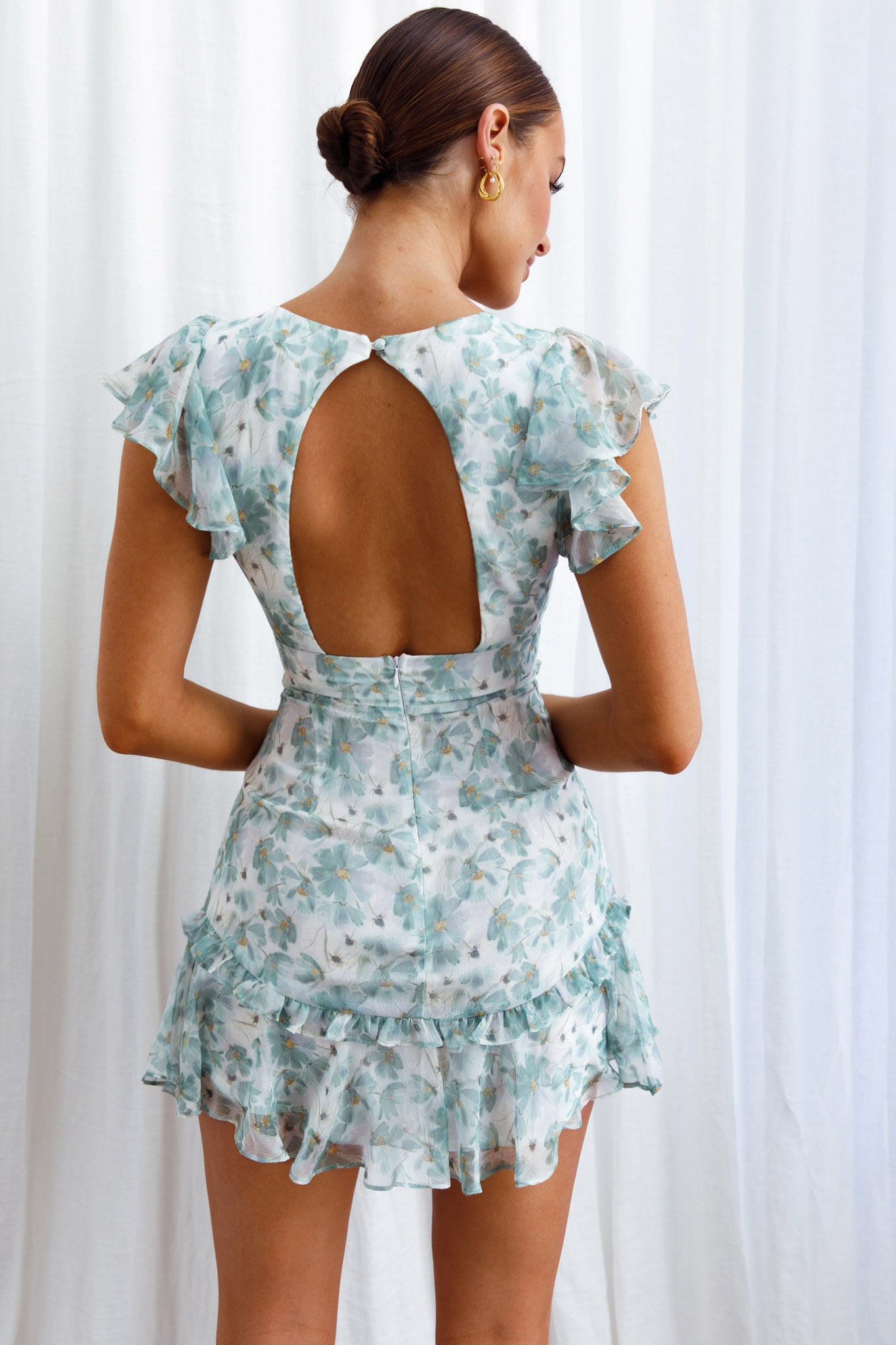 Shop the New Dawn Frill Shoulder Mini Dress Floral Sage | Selfie Leslie