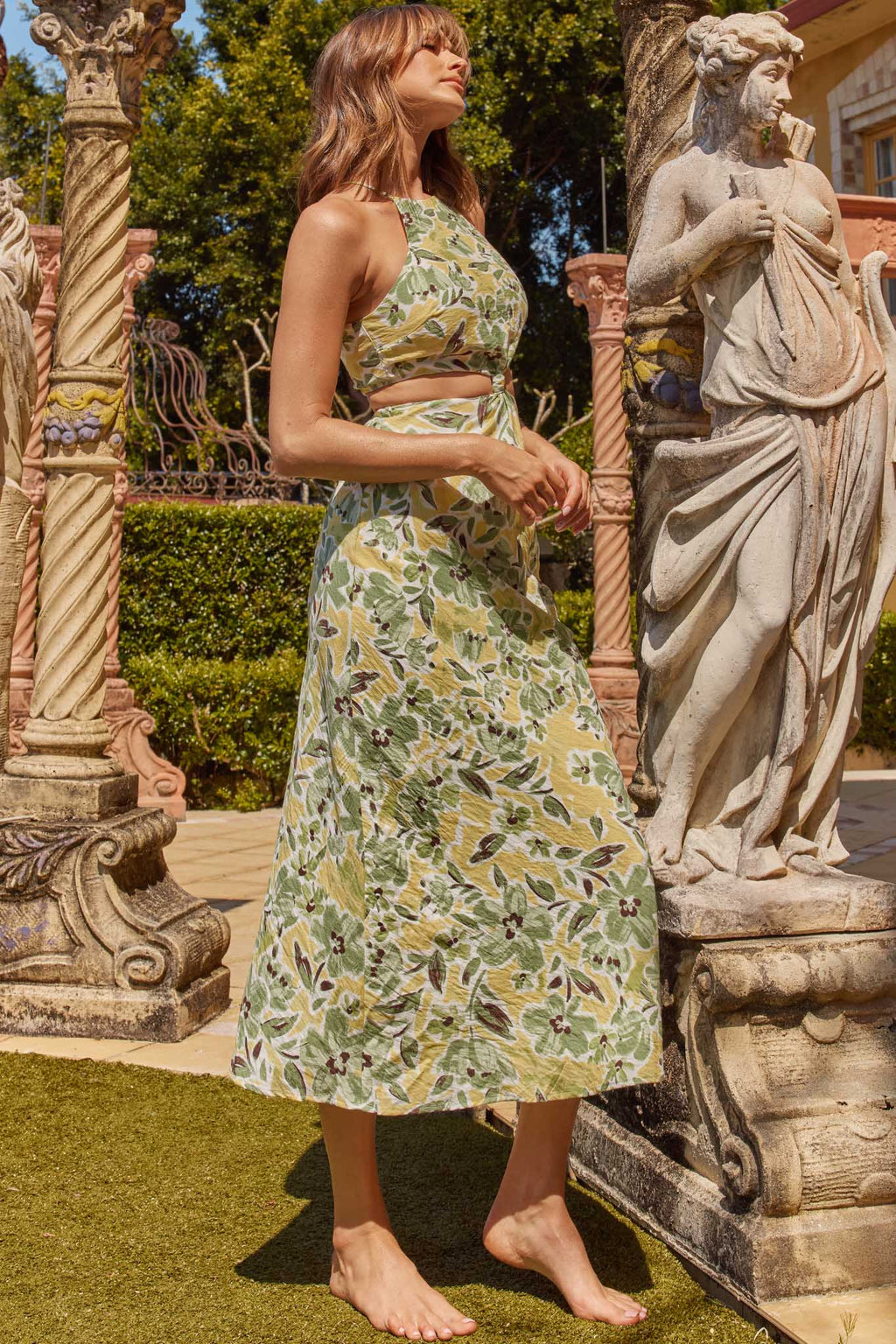 Utopia Cut-Out Waist Midi Dress Green/Yellow by Selfie Leslie