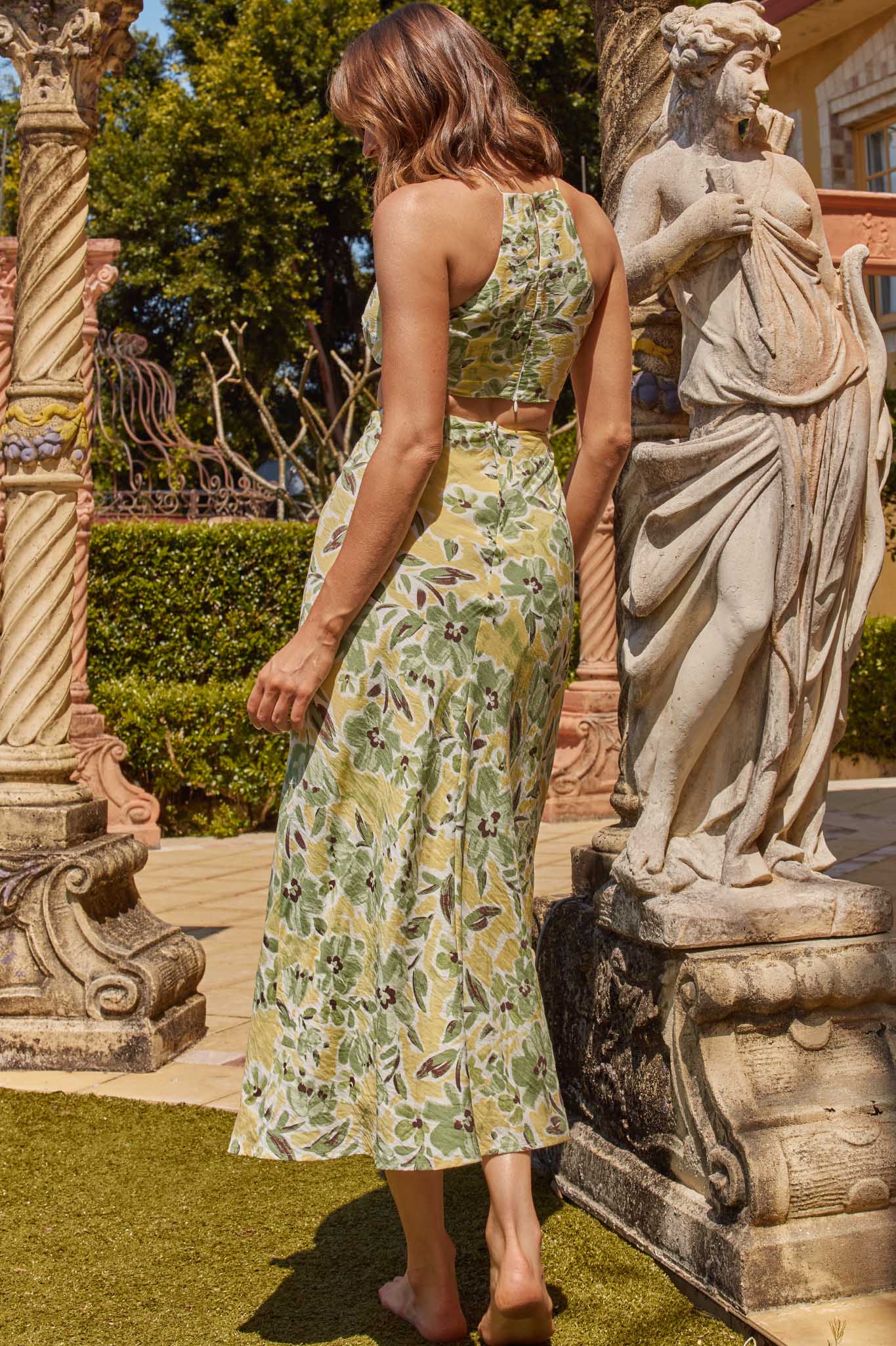 Utopia Cut-Out Waist Midi Dress Green/Yellow by Selfie Leslie