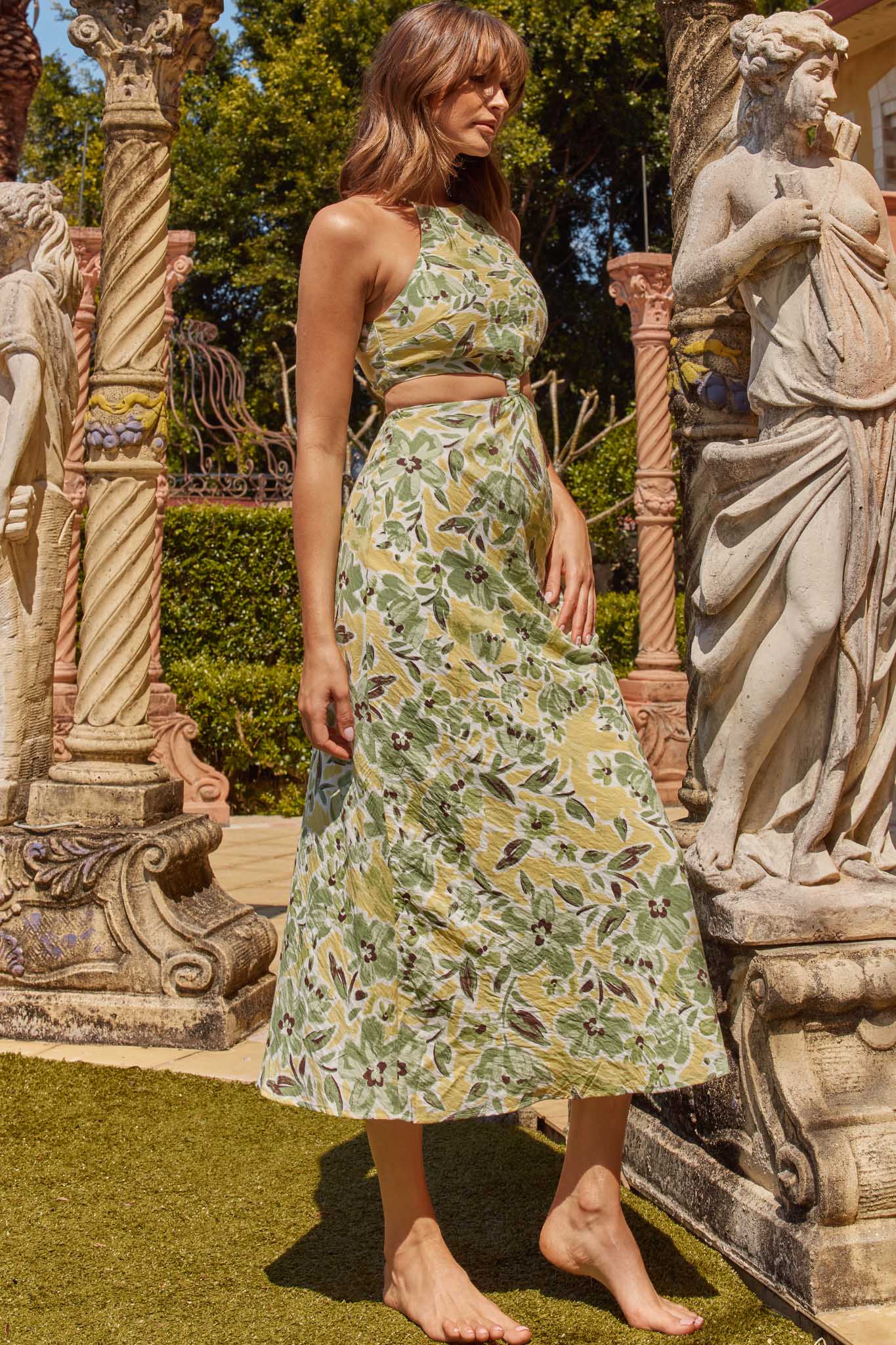 Utopia Cut-Out Waist Midi Dress Green/Yellow by Selfie Leslie