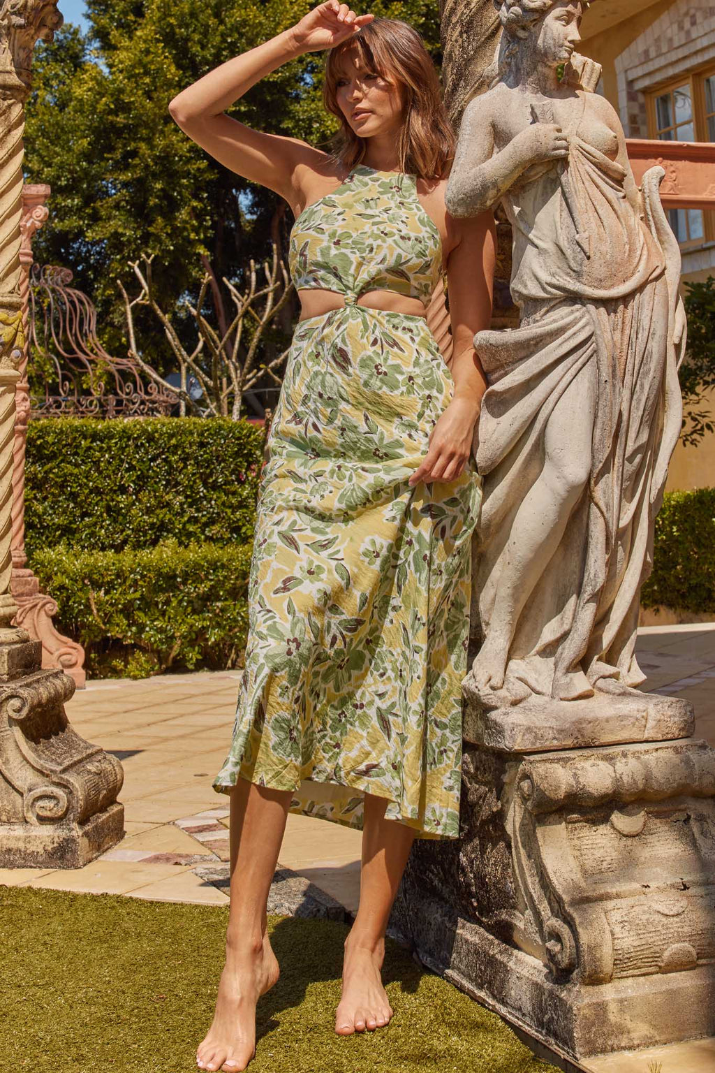 Utopia Cut-Out Waist Midi Dress Green/Yellow by Selfie Leslie