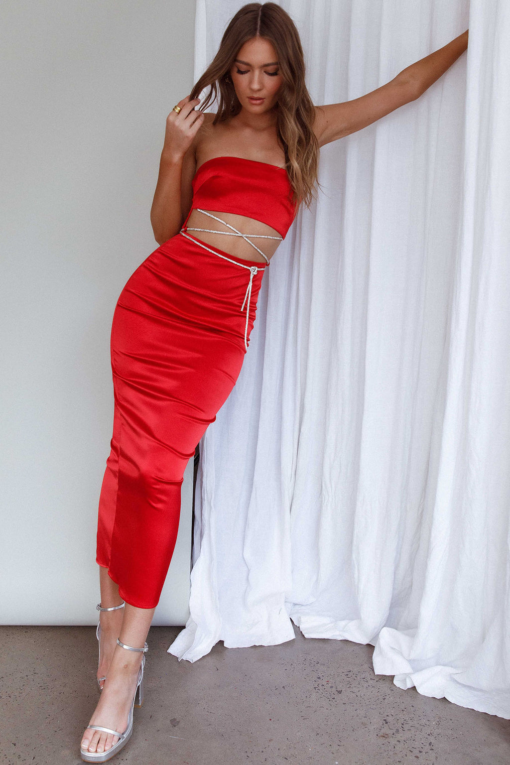 Nohemi Strapless Diamante Maxi Dress Red by Selfie Leslie
