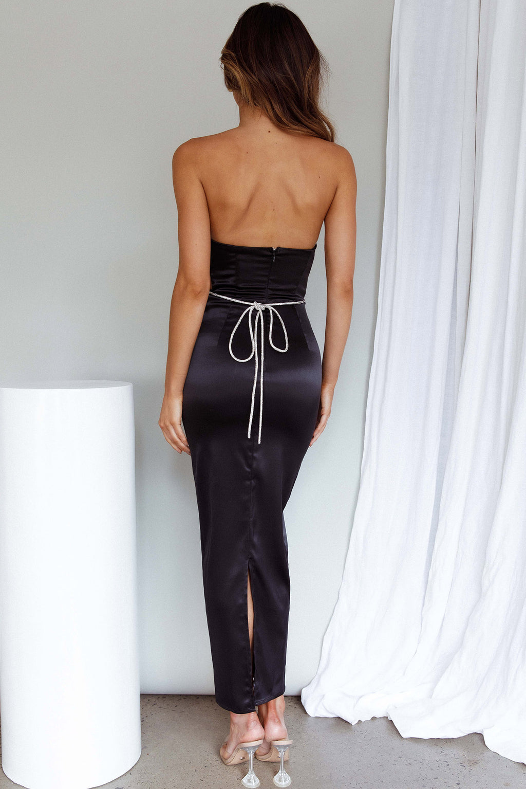 Nohemi Strapless Diamante Maxi Dress Black by Selfie Leslie
