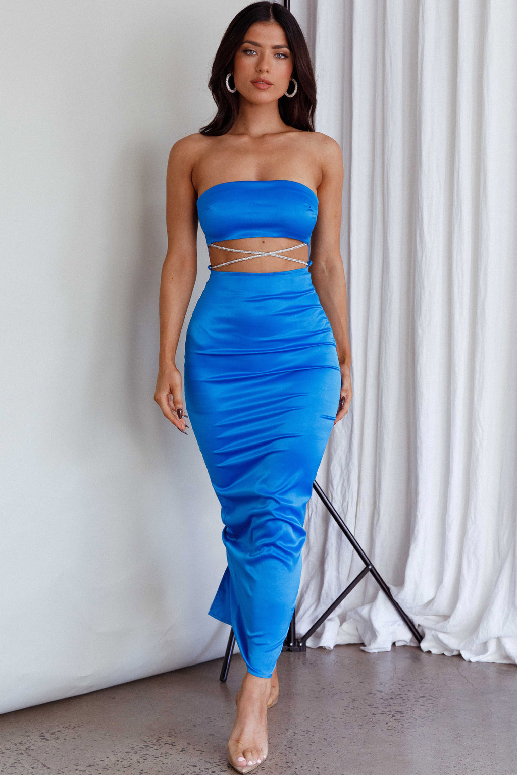 Nohemi Strapless Diamante Maxi Dress Blue by Selfie Leslie