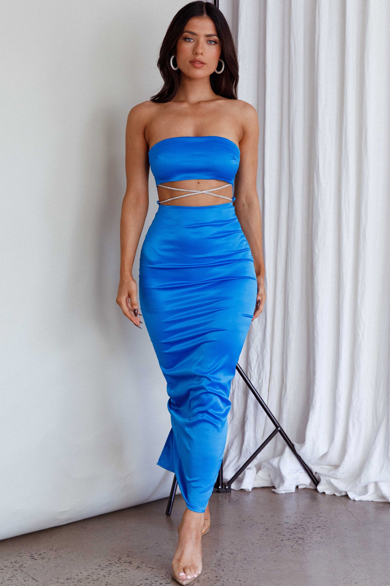 Nohemi Strapless Diamante Maxi Dress Blue by Selfie Leslie