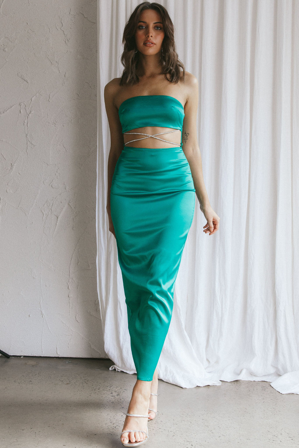 Nohemi Strapless Diamante Maxi Dress Green by Selfie Leslie