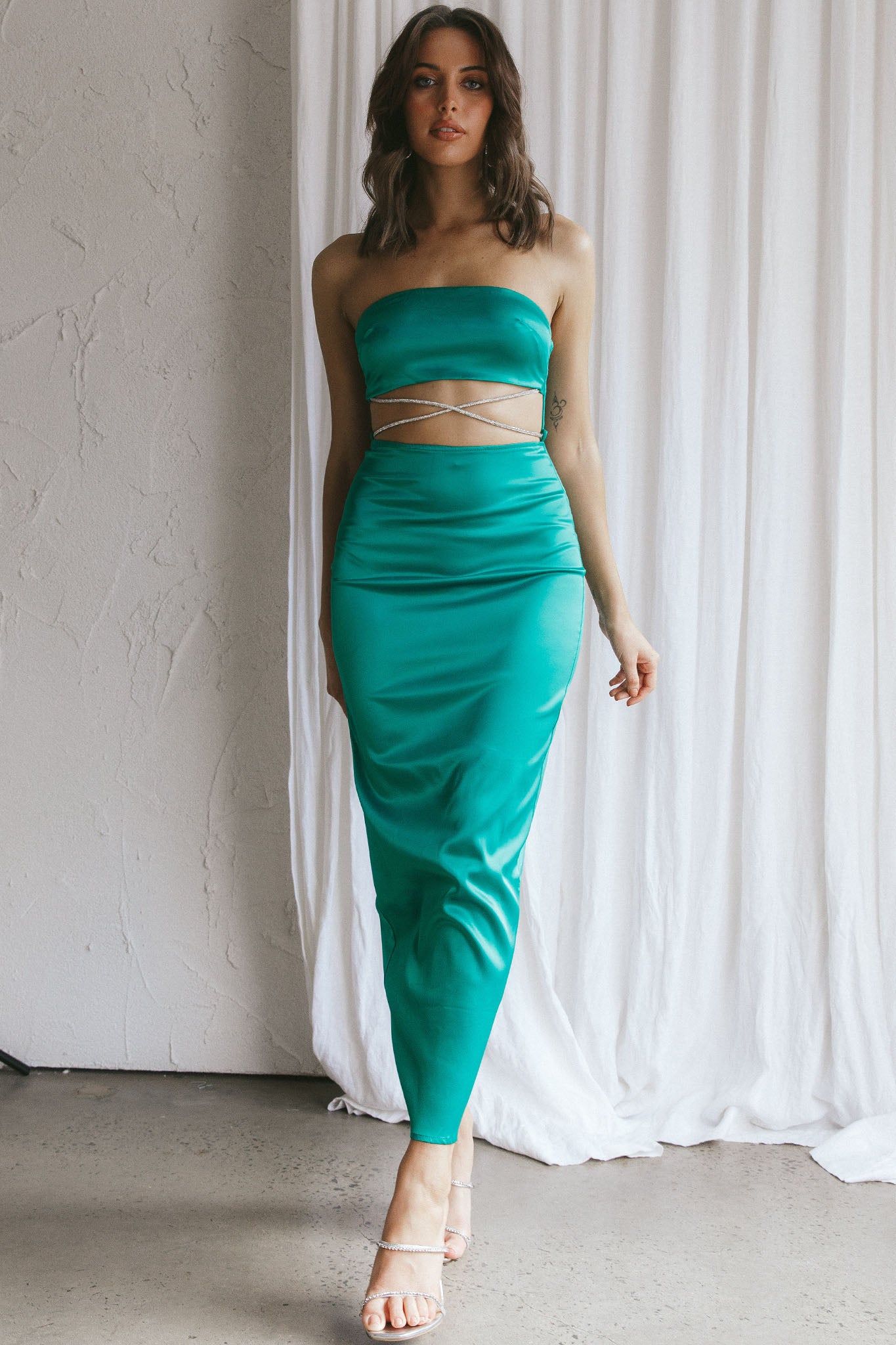 Nohemi Strapless Diamante Maxi Dress Green by Selfie Leslie