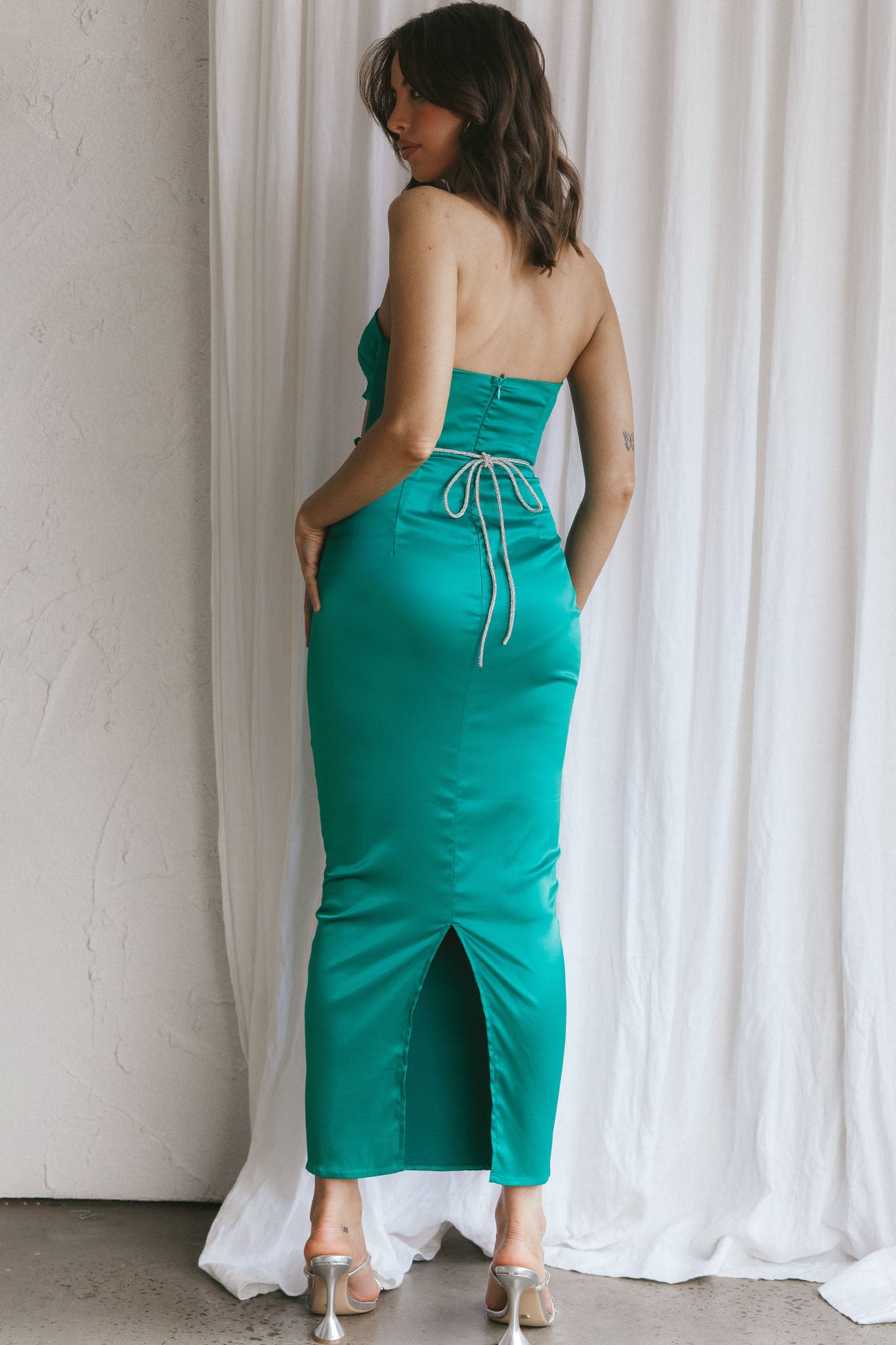 Nohemi Strapless Diamante Maxi Dress Green by Selfie Leslie