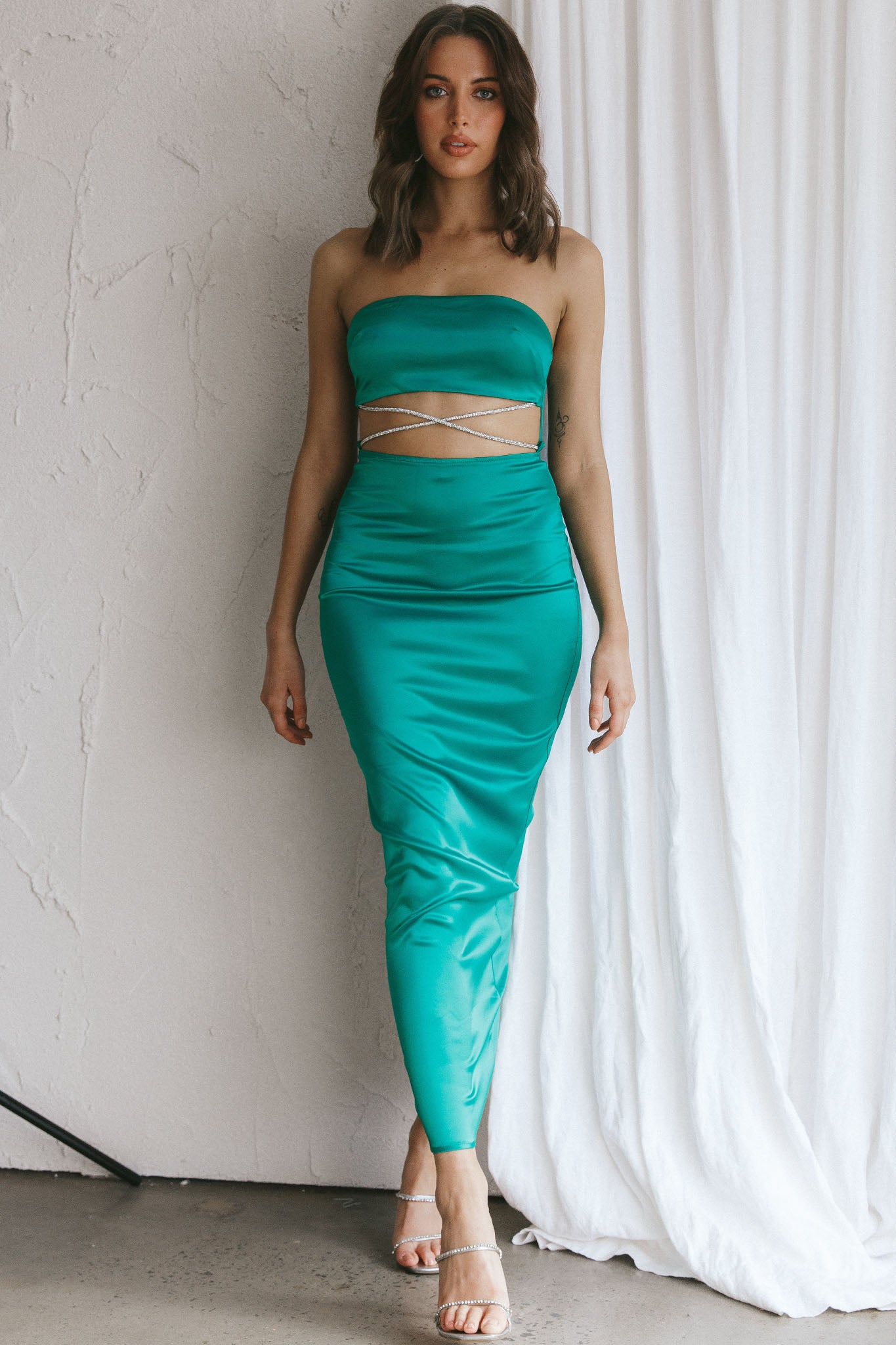 Nohemi Strapless Diamante Maxi Dress Green by Selfie Leslie