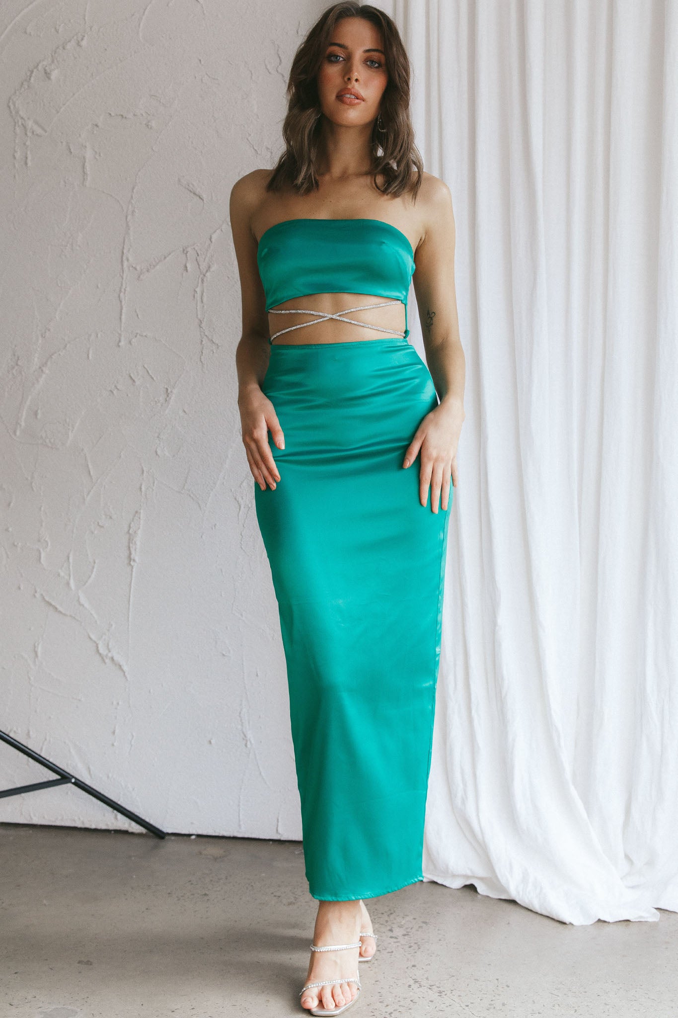 Nohemi Strapless Diamante Maxi Dress Green by Selfie Leslie
