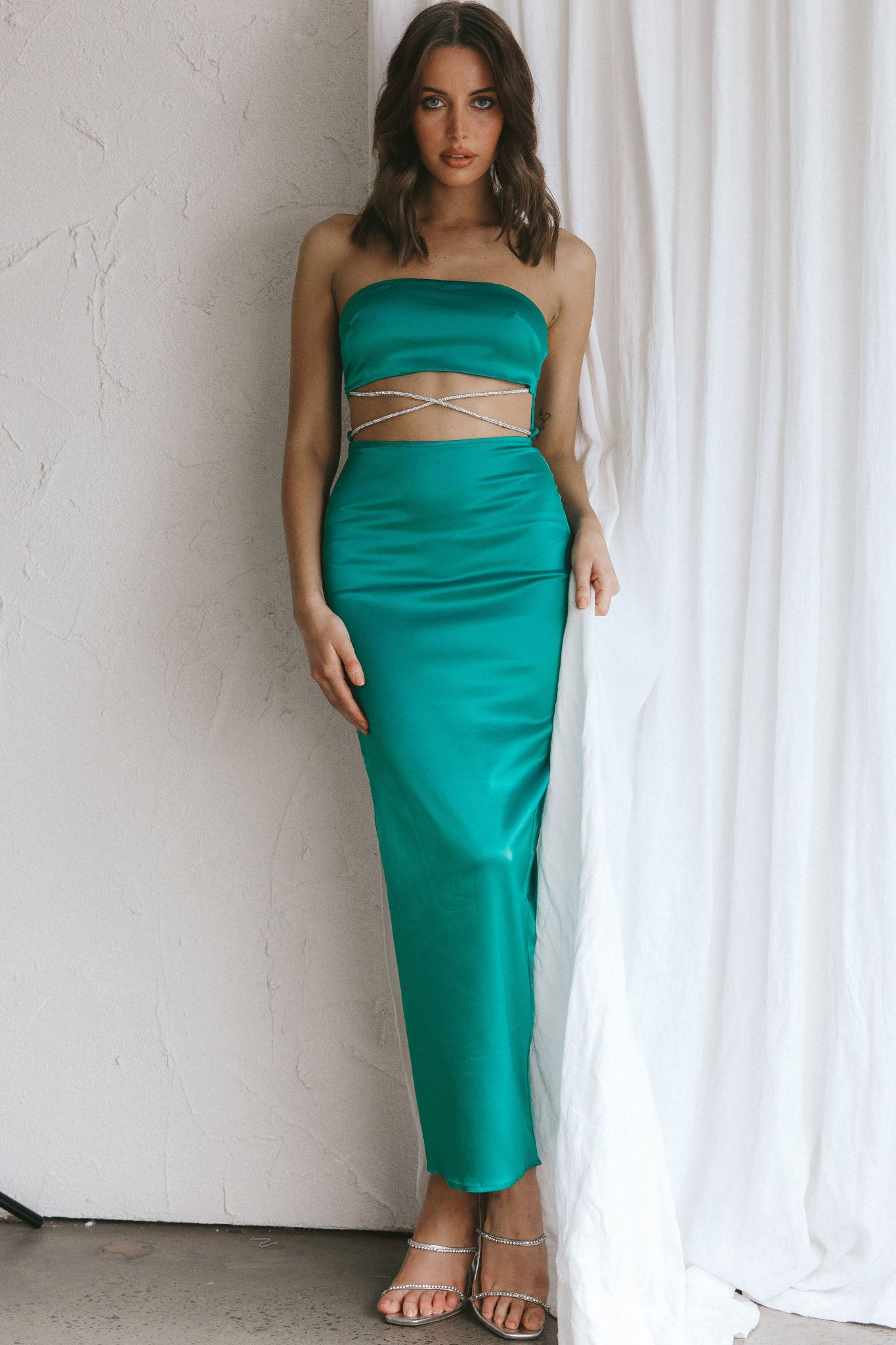 Nohemi Strapless Diamante Maxi Dress Green by Selfie Leslie