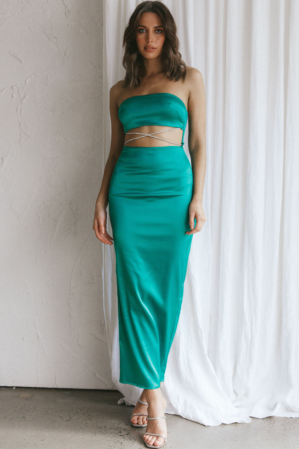 Nohemi Strapless Diamante Maxi Dress Green by Selfie Leslie