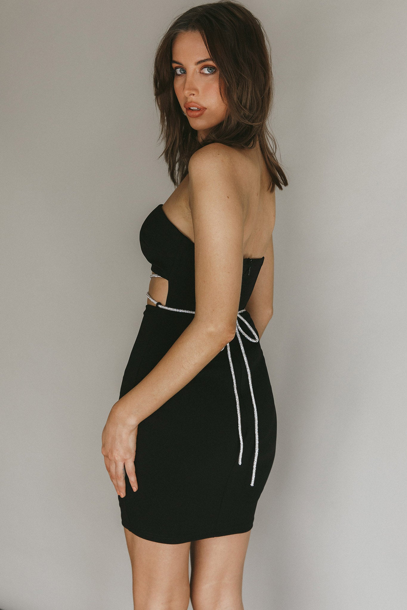 Nohemi Strapless Diamante Mini Dress Black by Selfie Leslie