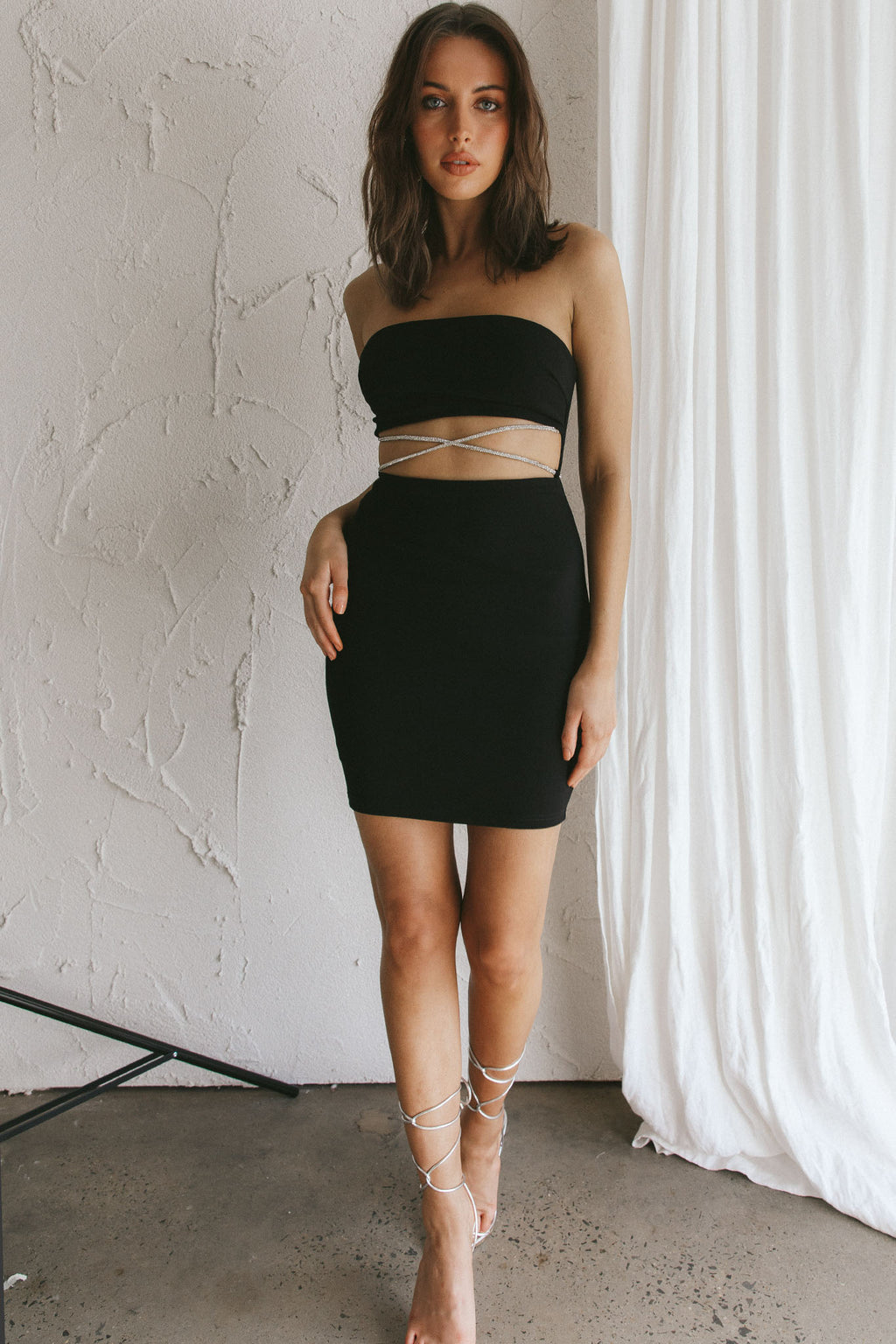 Nohemi Strapless Diamante Mini Dress Black by Selfie Leslie