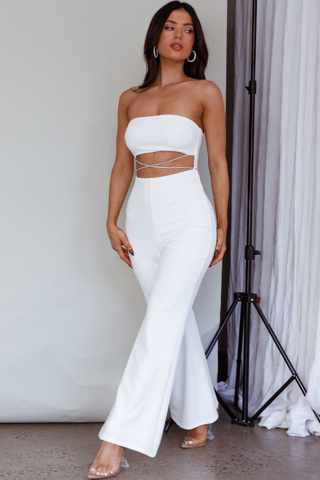 Nohemi Strapless Diamante Jumpsuit White by Selfie Leslie