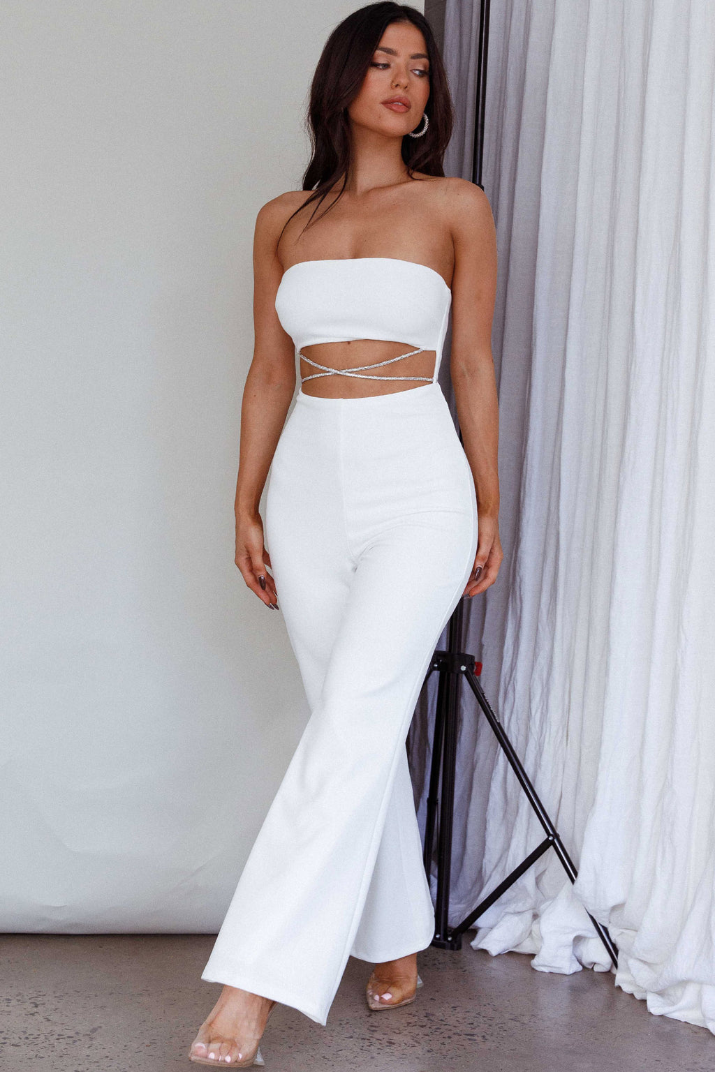 Nohemi Strapless Diamante Jumpsuit White by Selfie Leslie