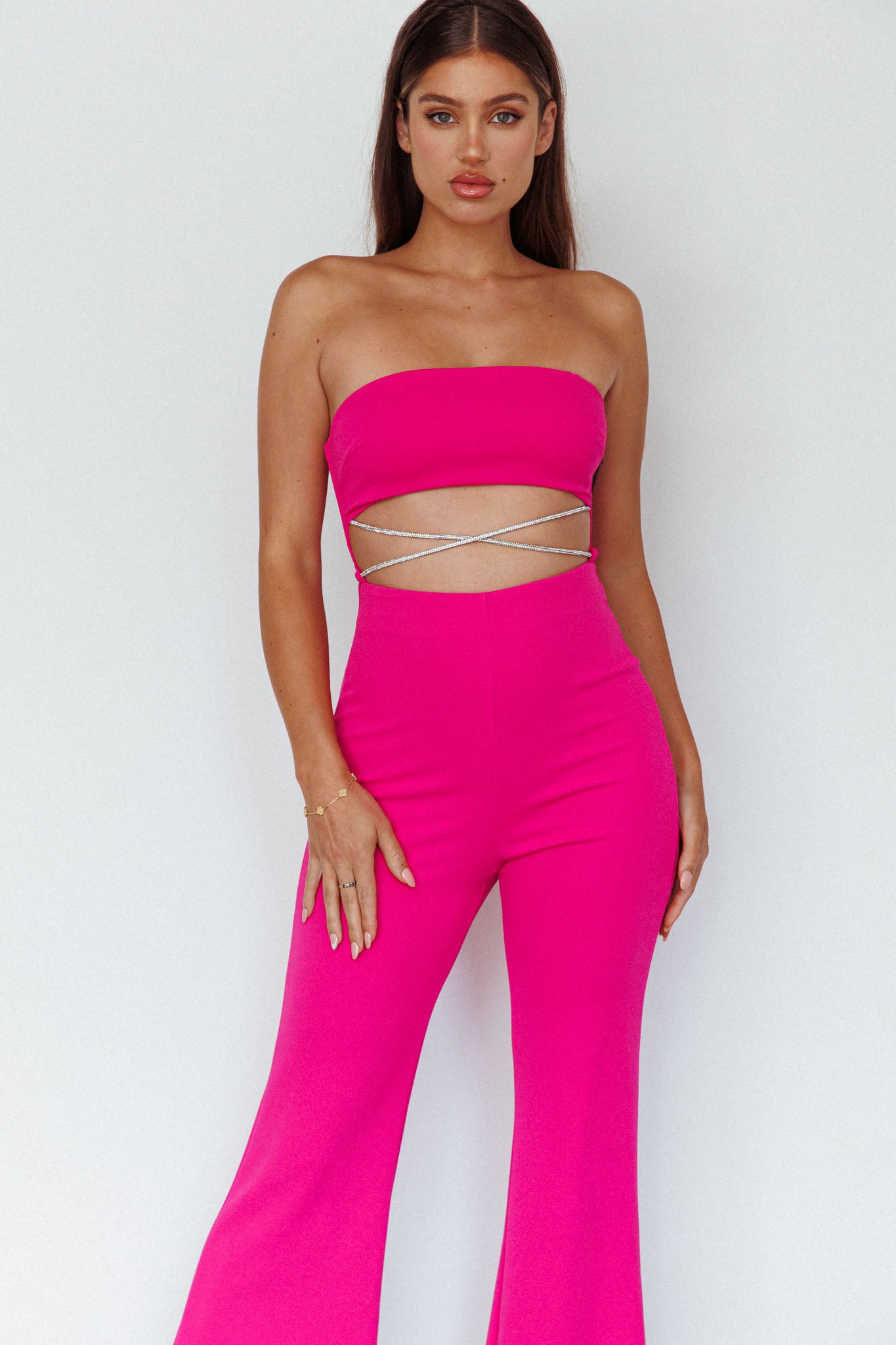 Nohemi Strapless Diamante Jumpsuit Fuchsia by Selfie Leslie