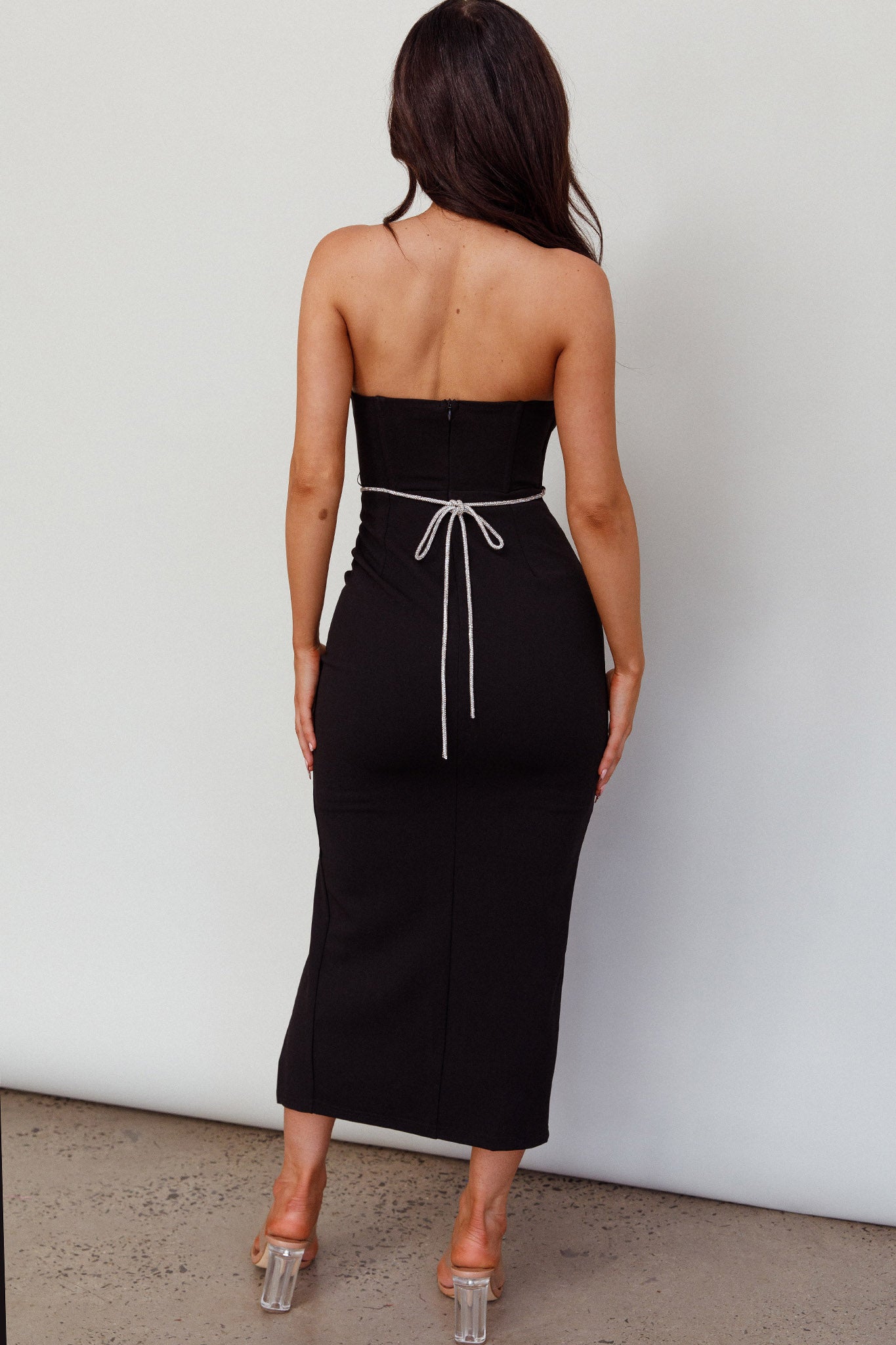 Nohemi Strapless Diamante Midi Dress Black by Selfie Leslie