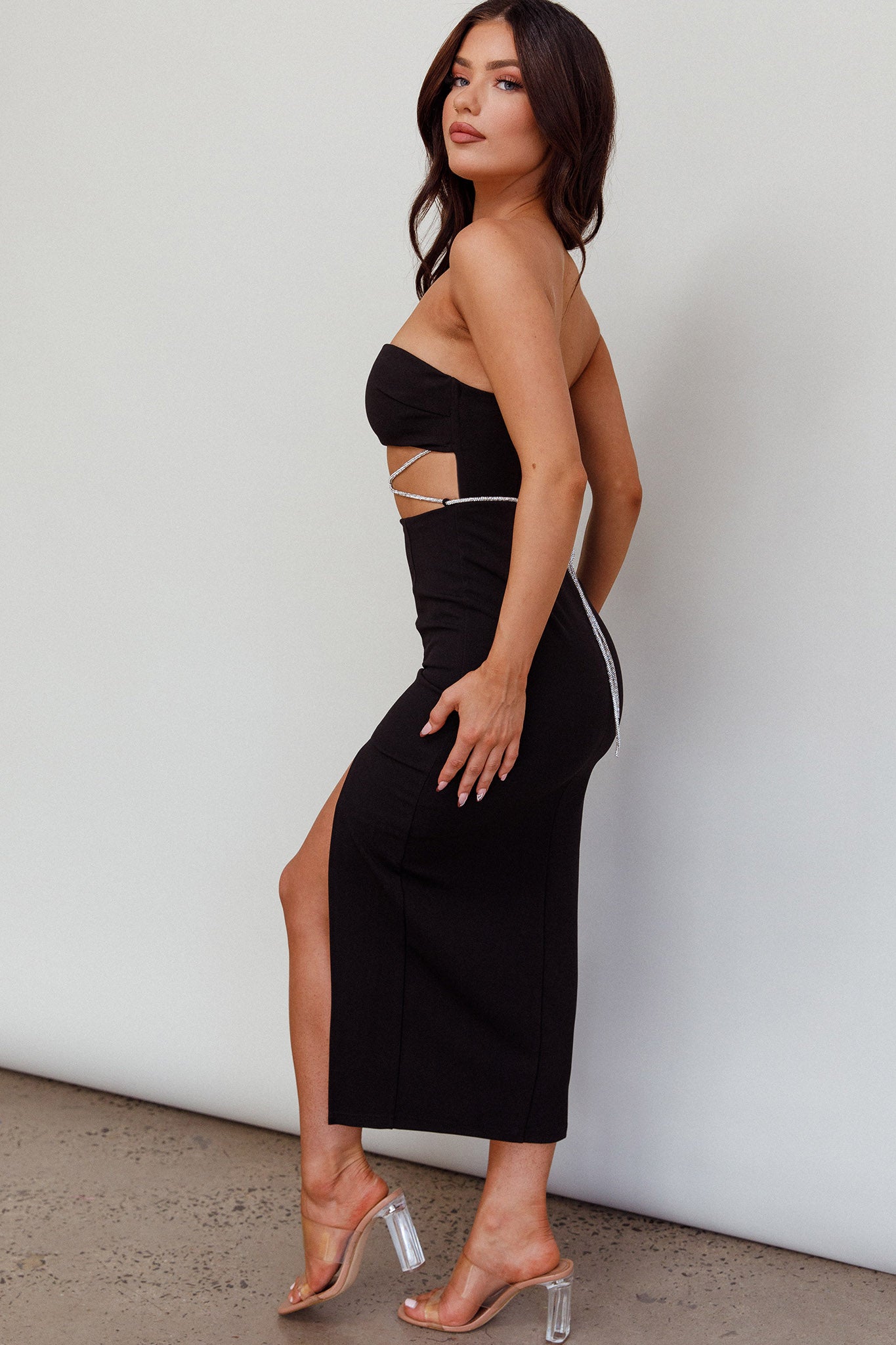 Nohemi Strapless Diamante Midi Dress Black by Selfie Leslie