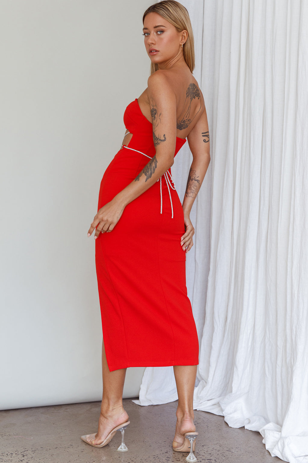 Nohemi Strapless Diamante Midi Dress Red by Selfie Leslie