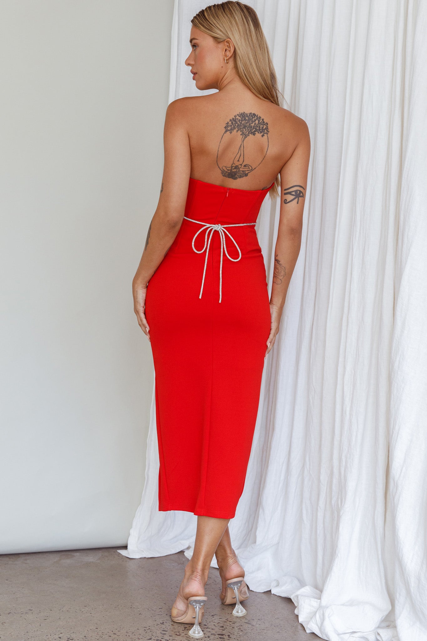 Nohemi Strapless Diamante Midi Dress Red by Selfie Leslie