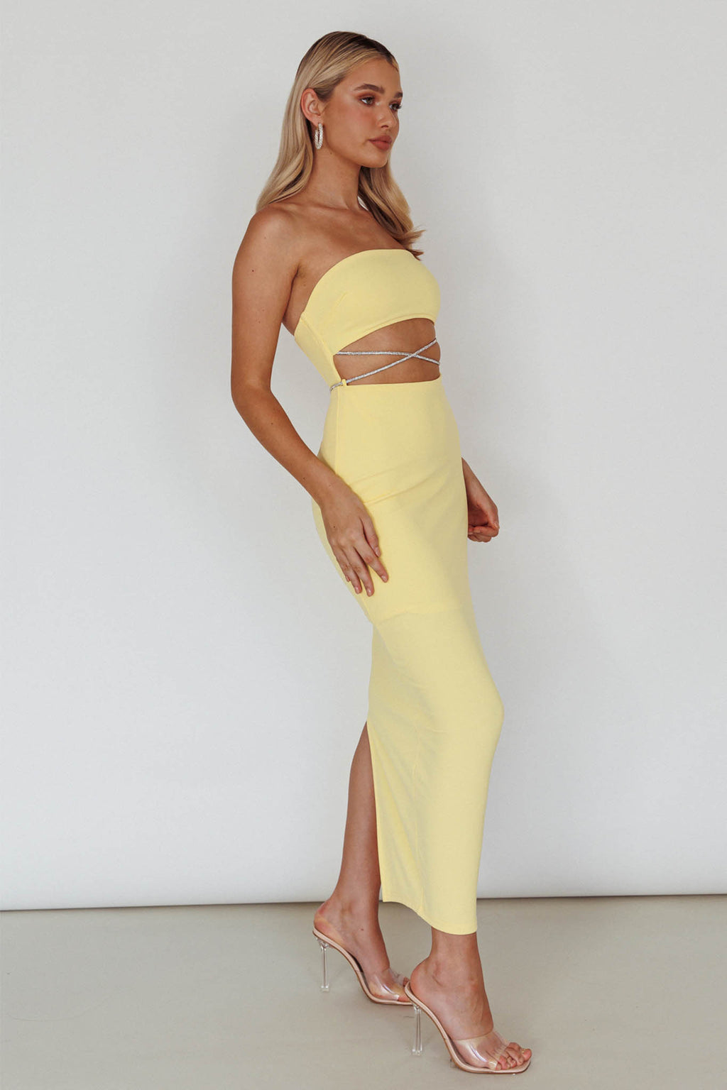 Nohemi Strapless Diamante Midi Dress Yellow by Selfie Leslie