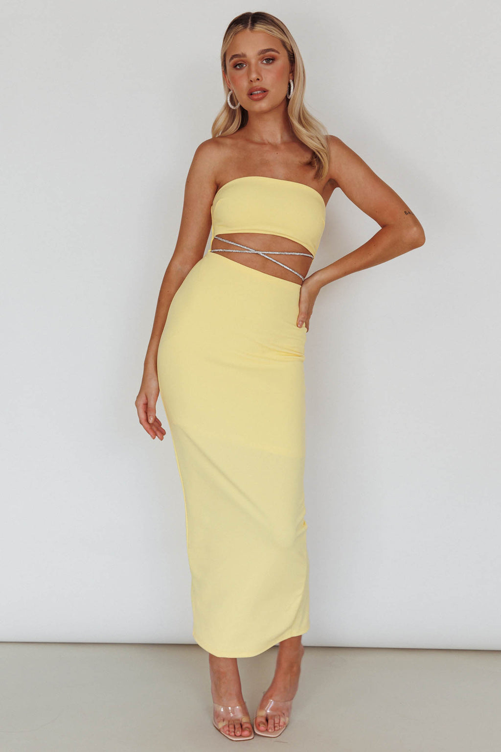Nohemi Strapless Diamante Midi Dress Yellow by Selfie Leslie