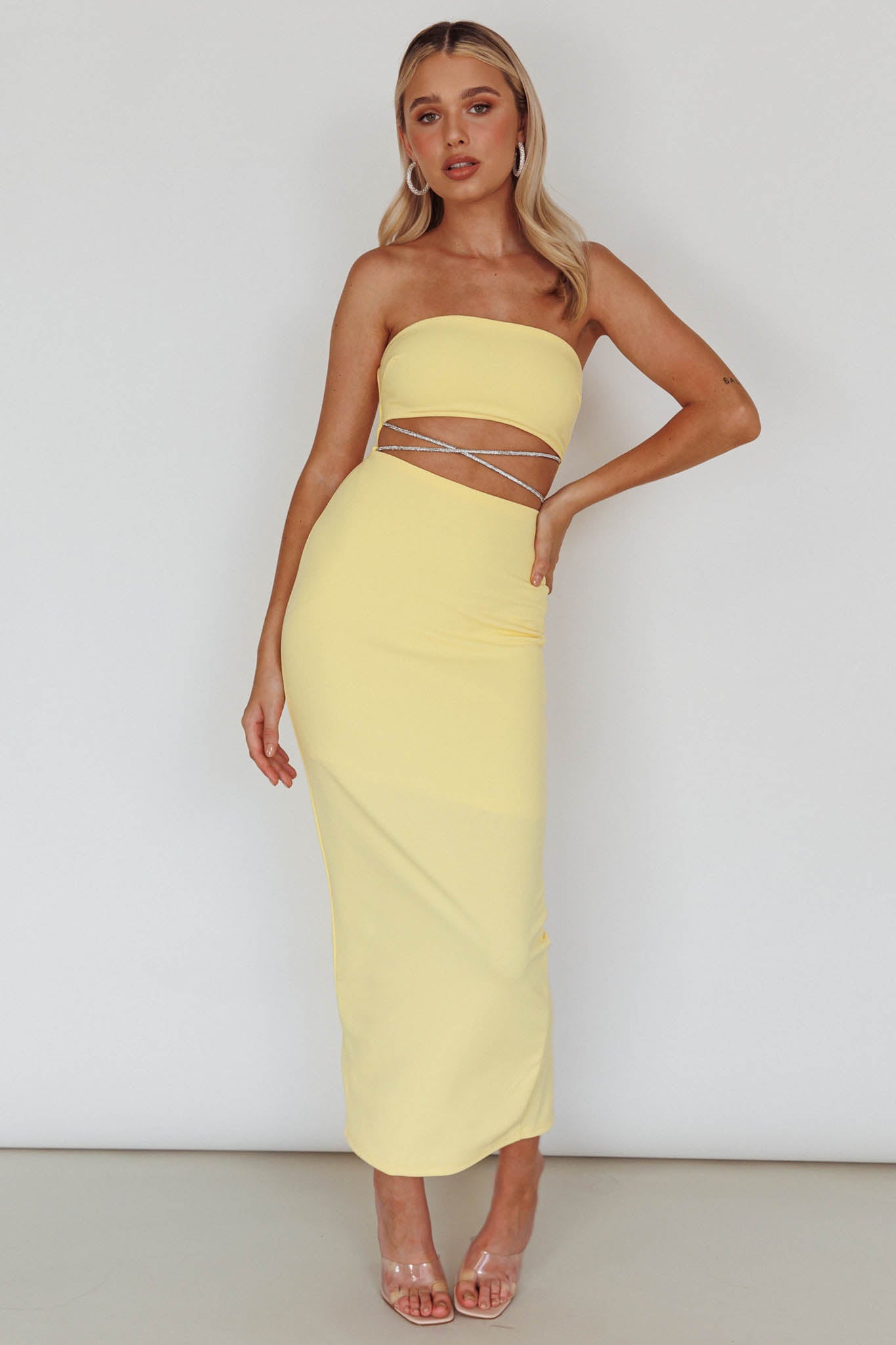 Nohemi Strapless Diamante Midi Dress Yellow by Selfie Leslie