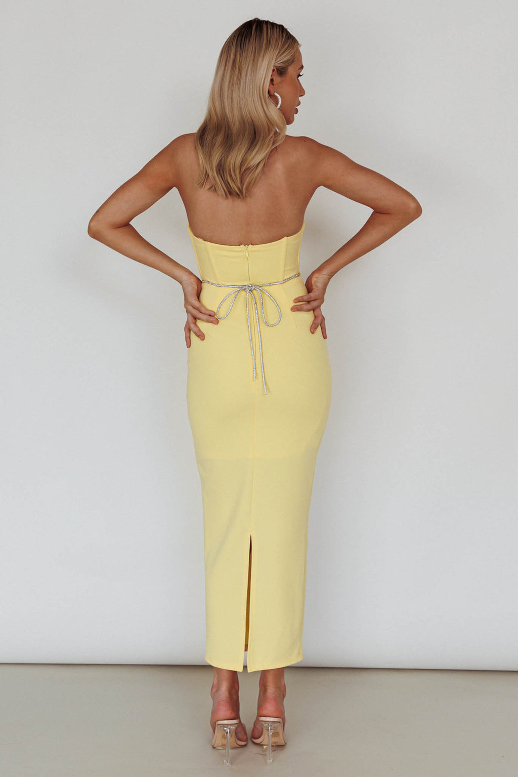 Nohemi Strapless Diamante Midi Dress Yellow by Selfie Leslie
