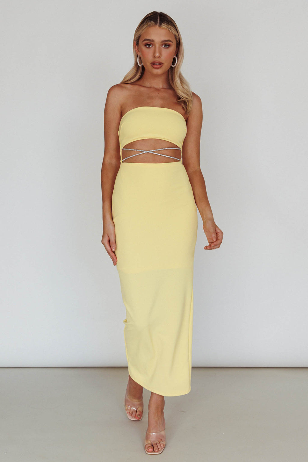 Nohemi Strapless Diamante Midi Dress Yellow by Selfie Leslie