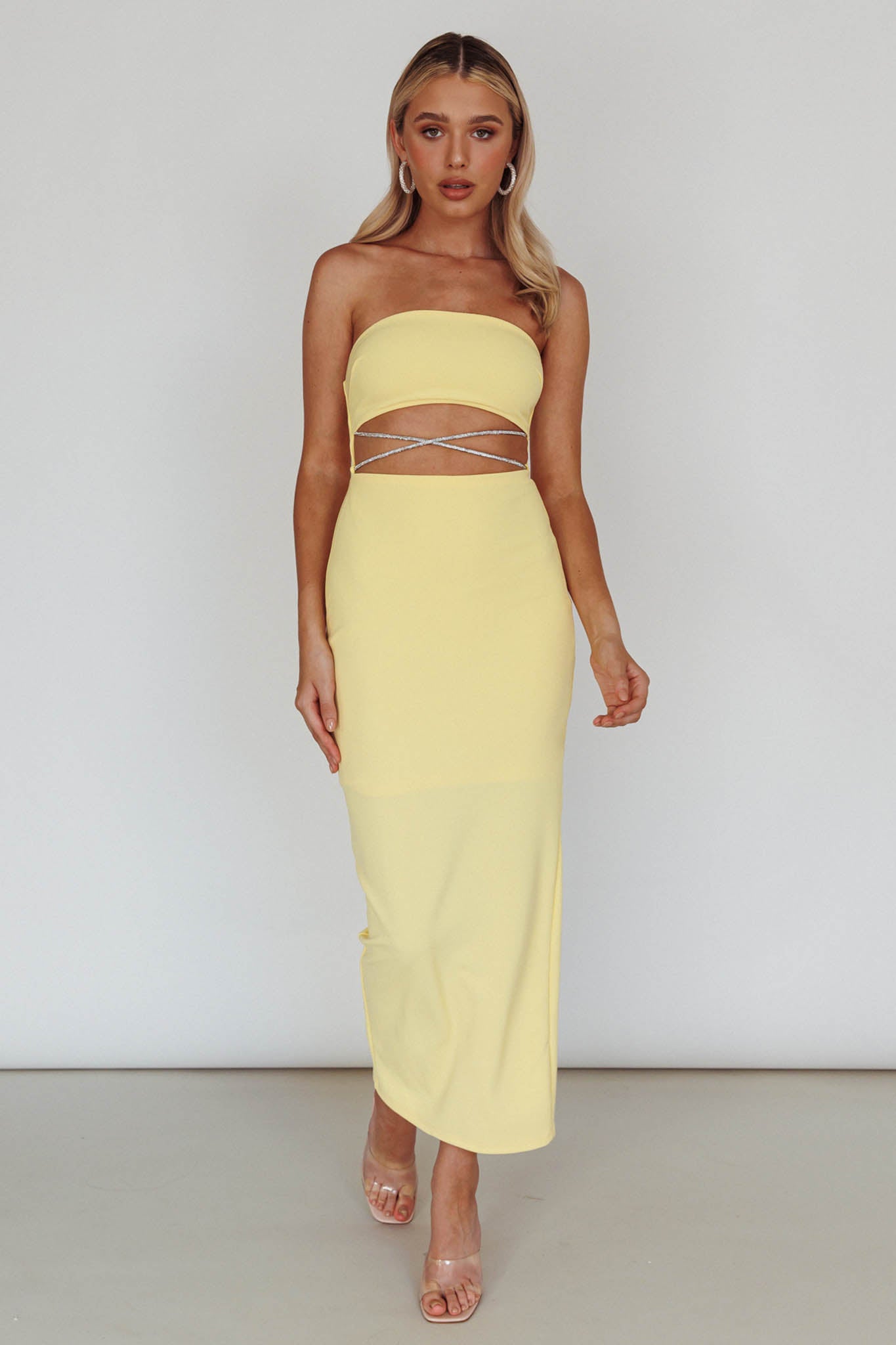 Nohemi Strapless Diamante Midi Dress Yellow by Selfie Leslie