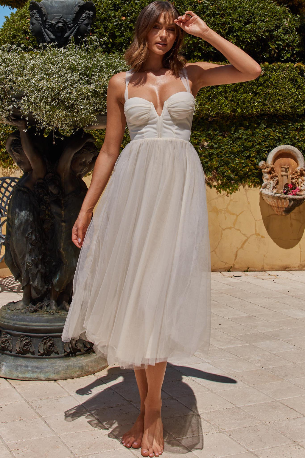 Surreal Lace-Up Back Tulle Midi Dress Butter by Selfie Leslie