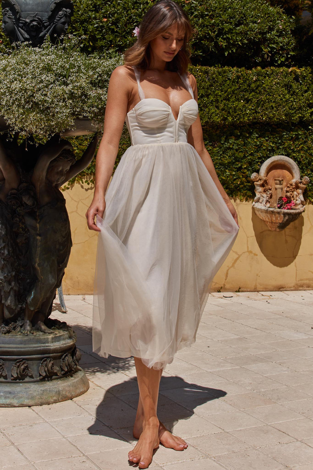 Surreal Lace-Up Back Tulle Midi Dress Butter by Selfie Leslie