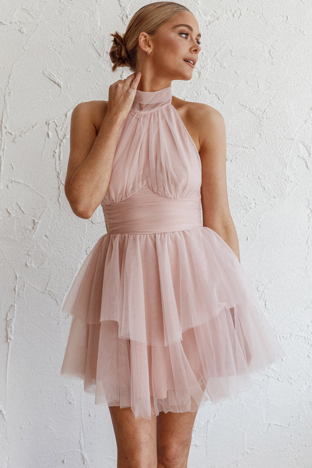 mini pink tulle dress Andria Halterneck Tulle Mini Dress Blush