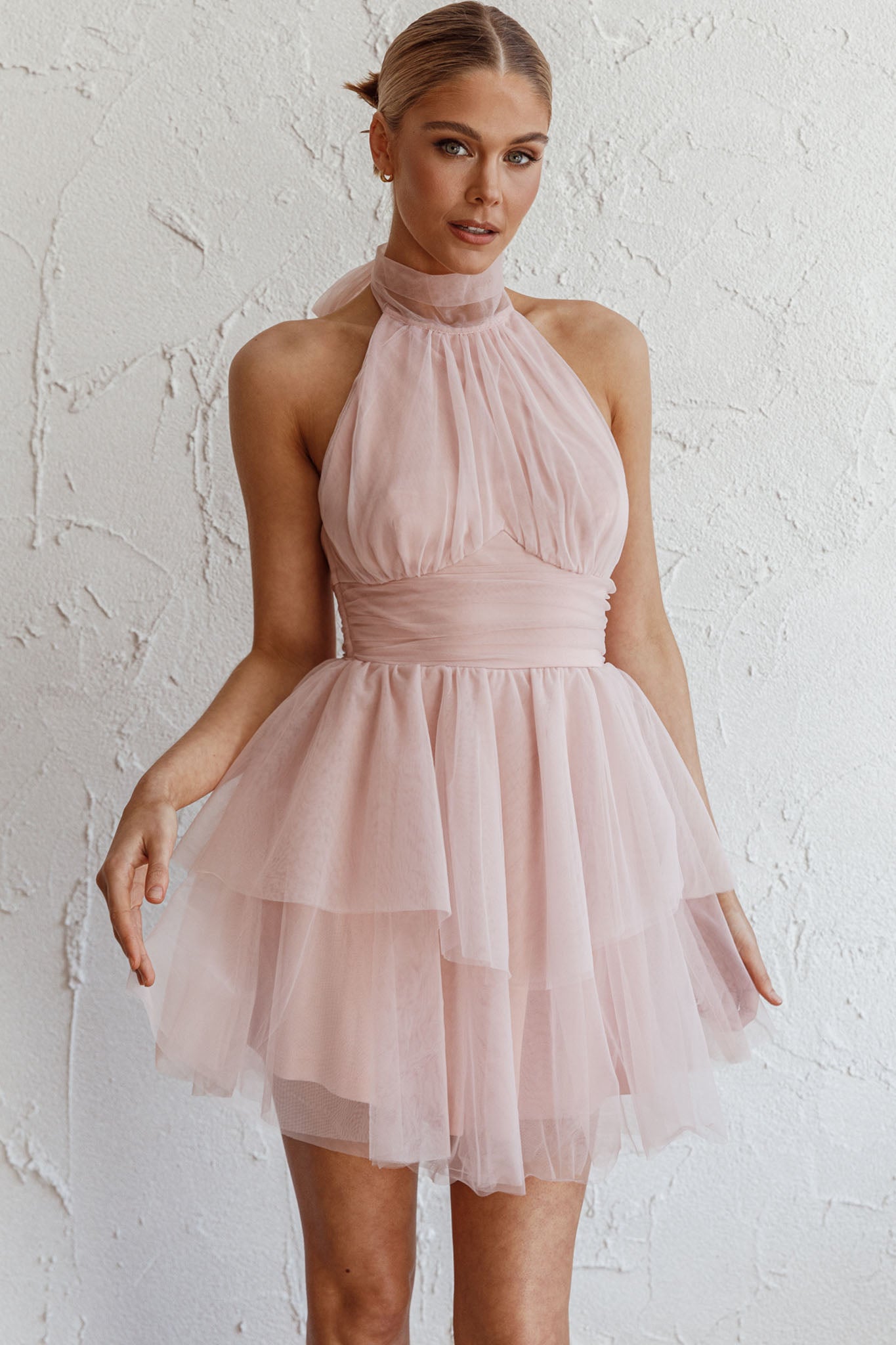 Andria Halterneck Tulle Mini Dress Blush by Selfie Leslie