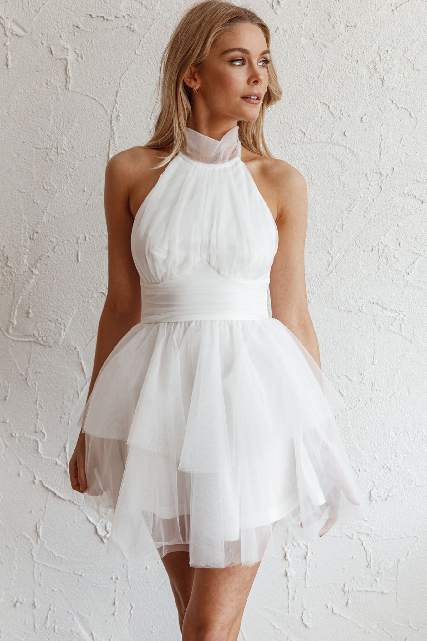 Andria Halterneck Tulle Mini Dress White