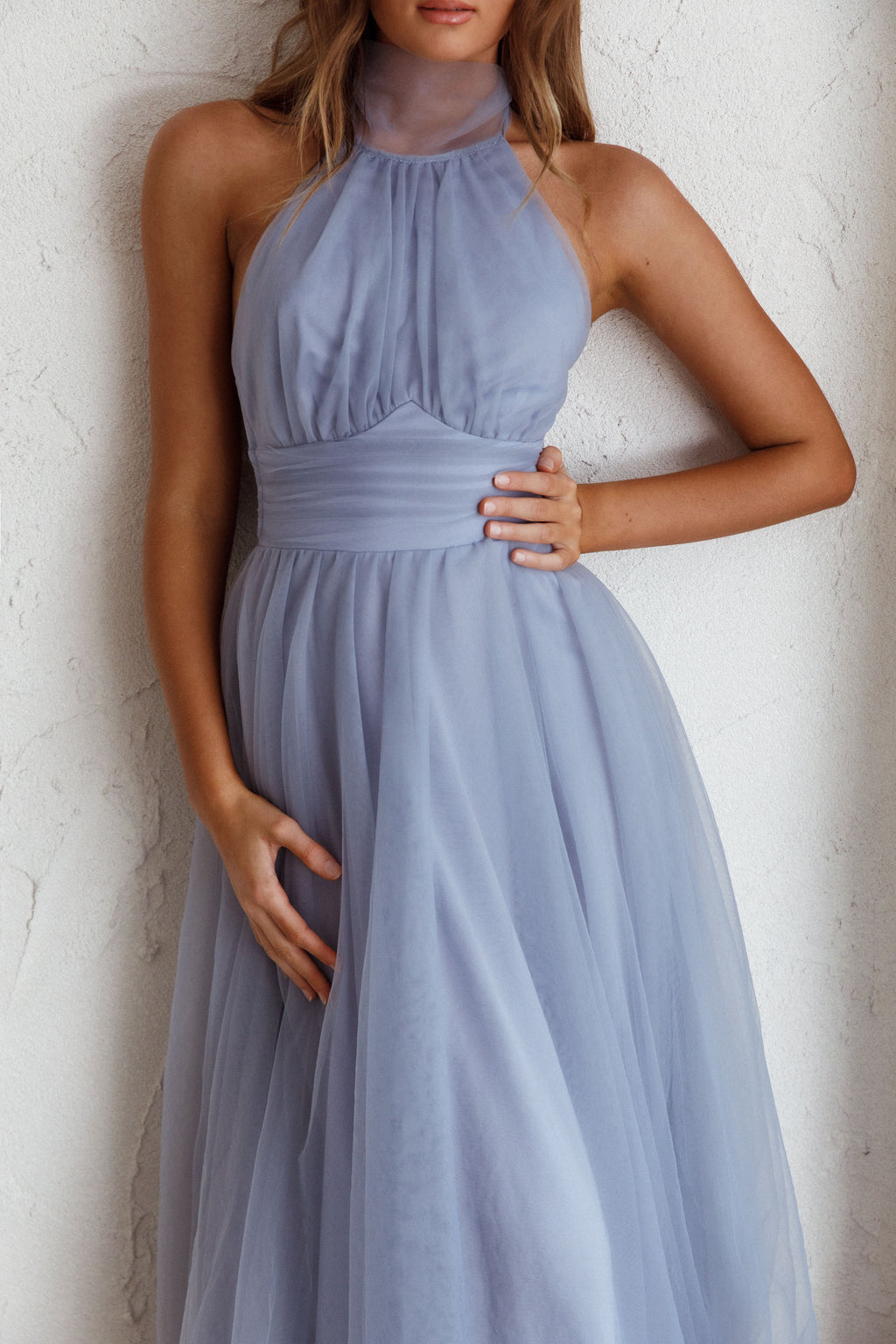 Andria Halterneck Tulle Midi Dress Blue by Selfie Leslie