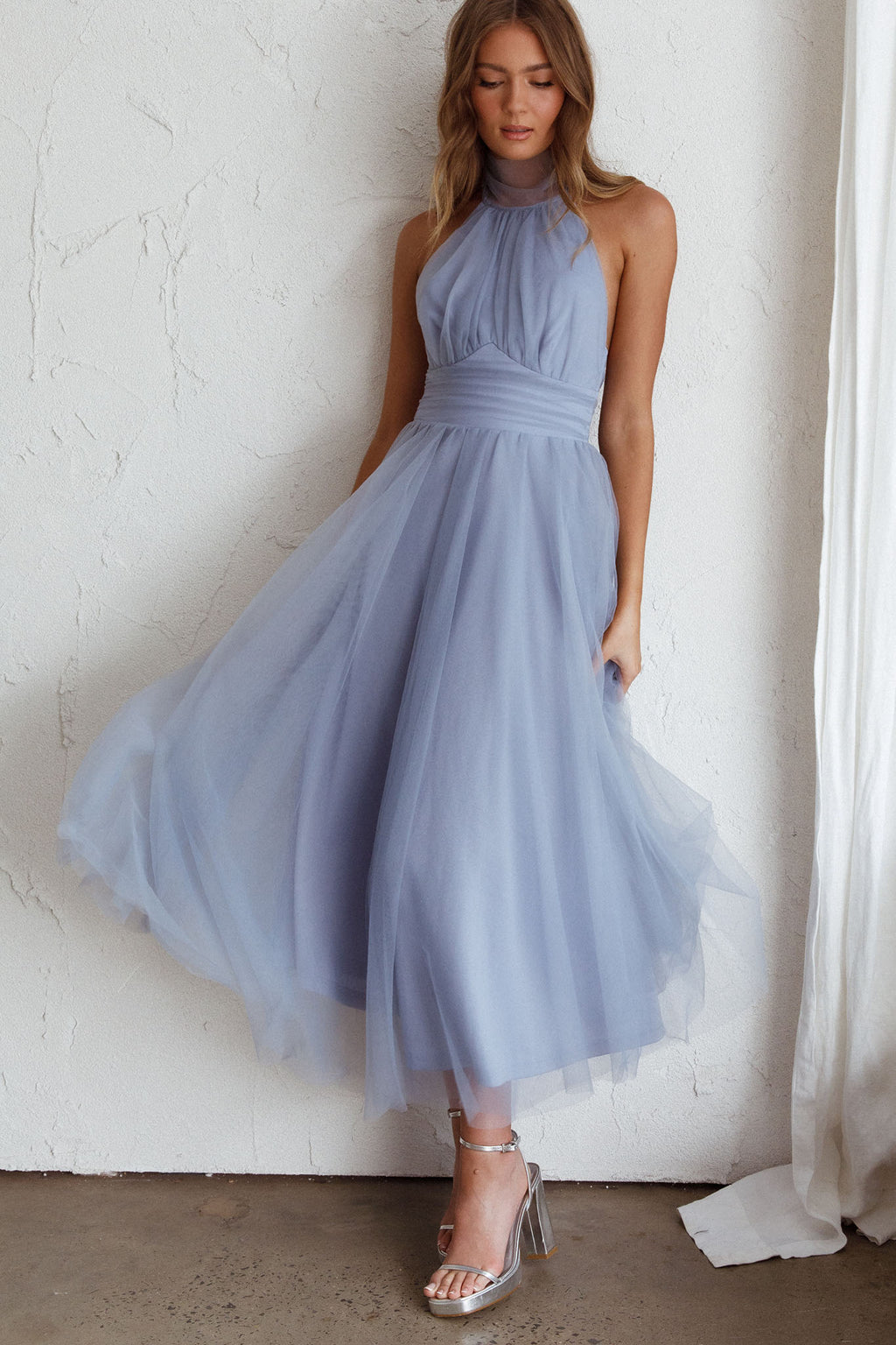 Andria Halterneck Tulle Midi Dress Blue by Selfie Leslie