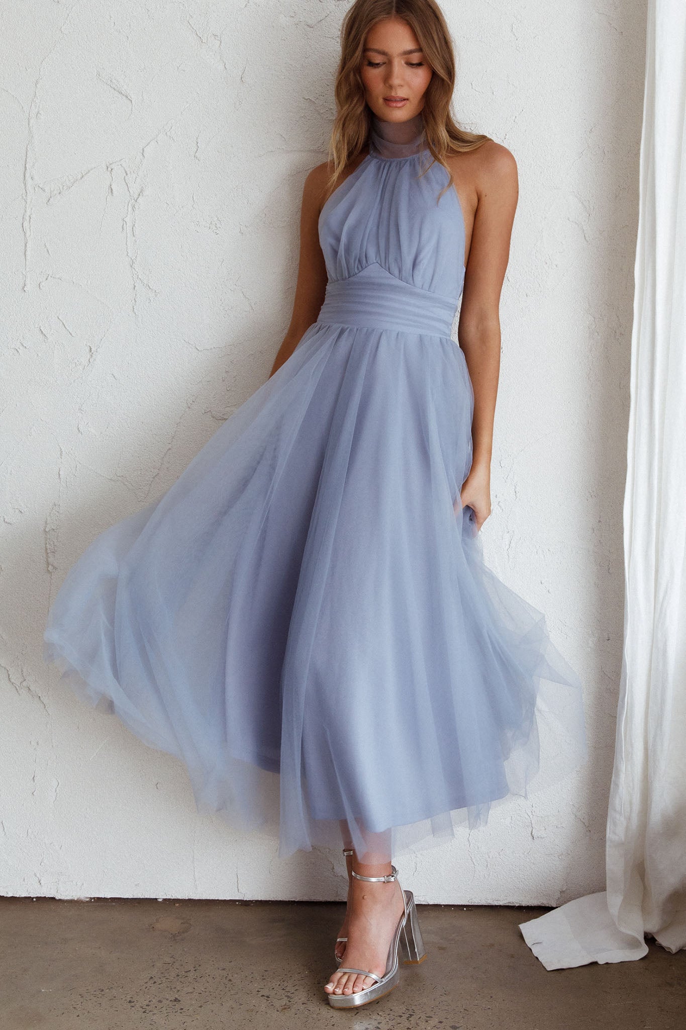 Andria Halterneck Tulle Midi Dress Blue by Selfie Leslie