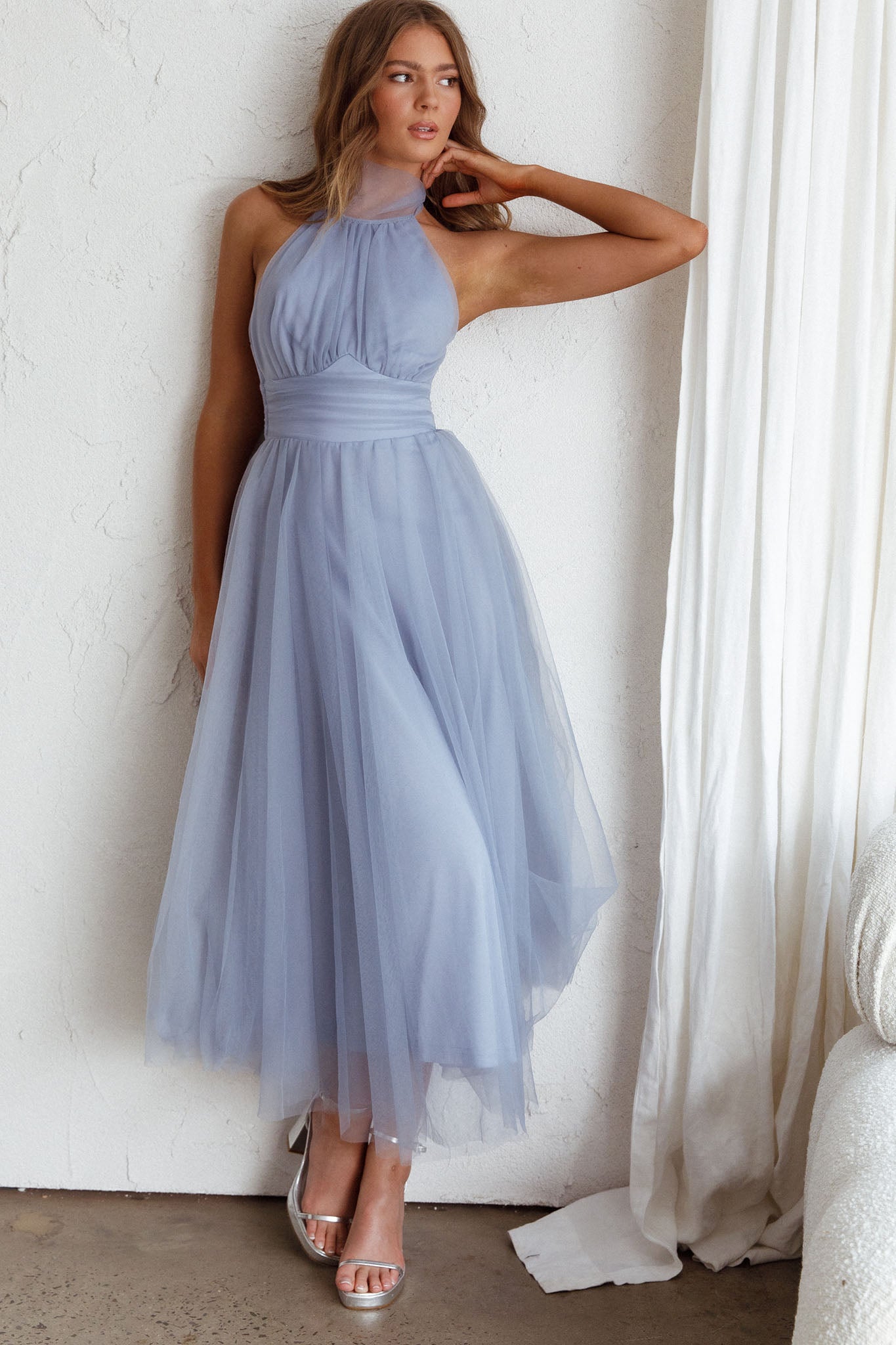 Andria Halterneck Tulle Midi Dress Blue by Selfie Leslie