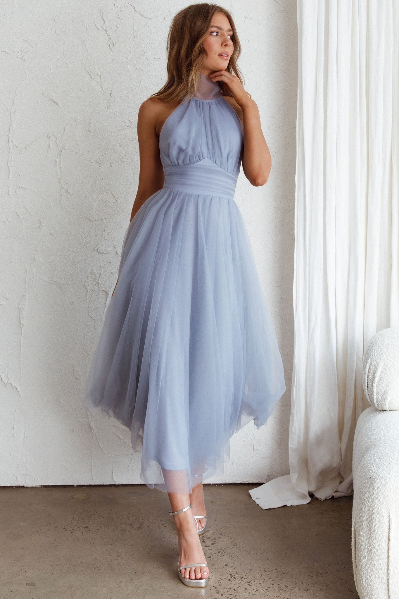 Andria Halterneck Tulle Midi Dress Blue by Selfie Leslie