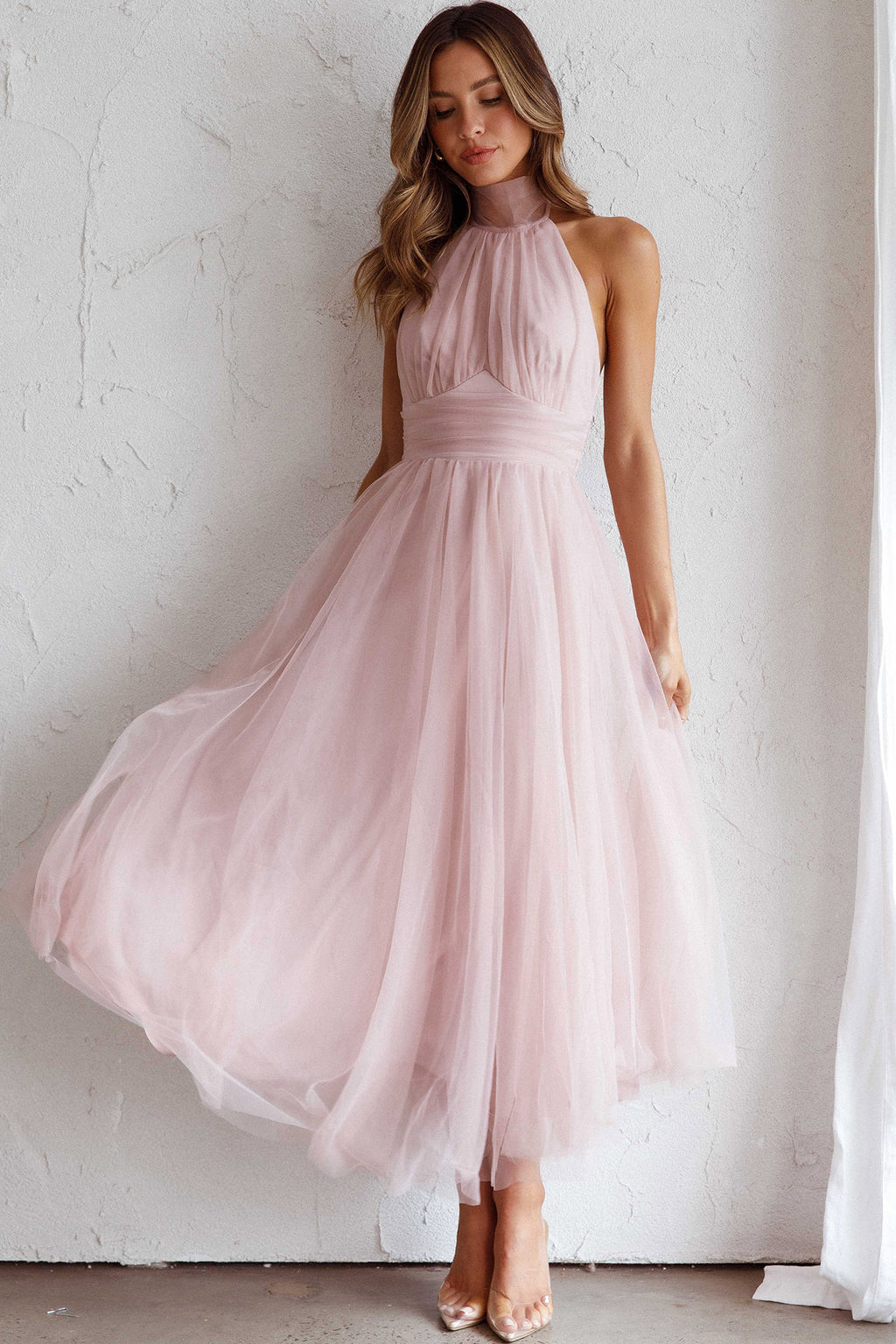 Andria Halterneck Tulle Midi Dress Blush by Selfie Leslie