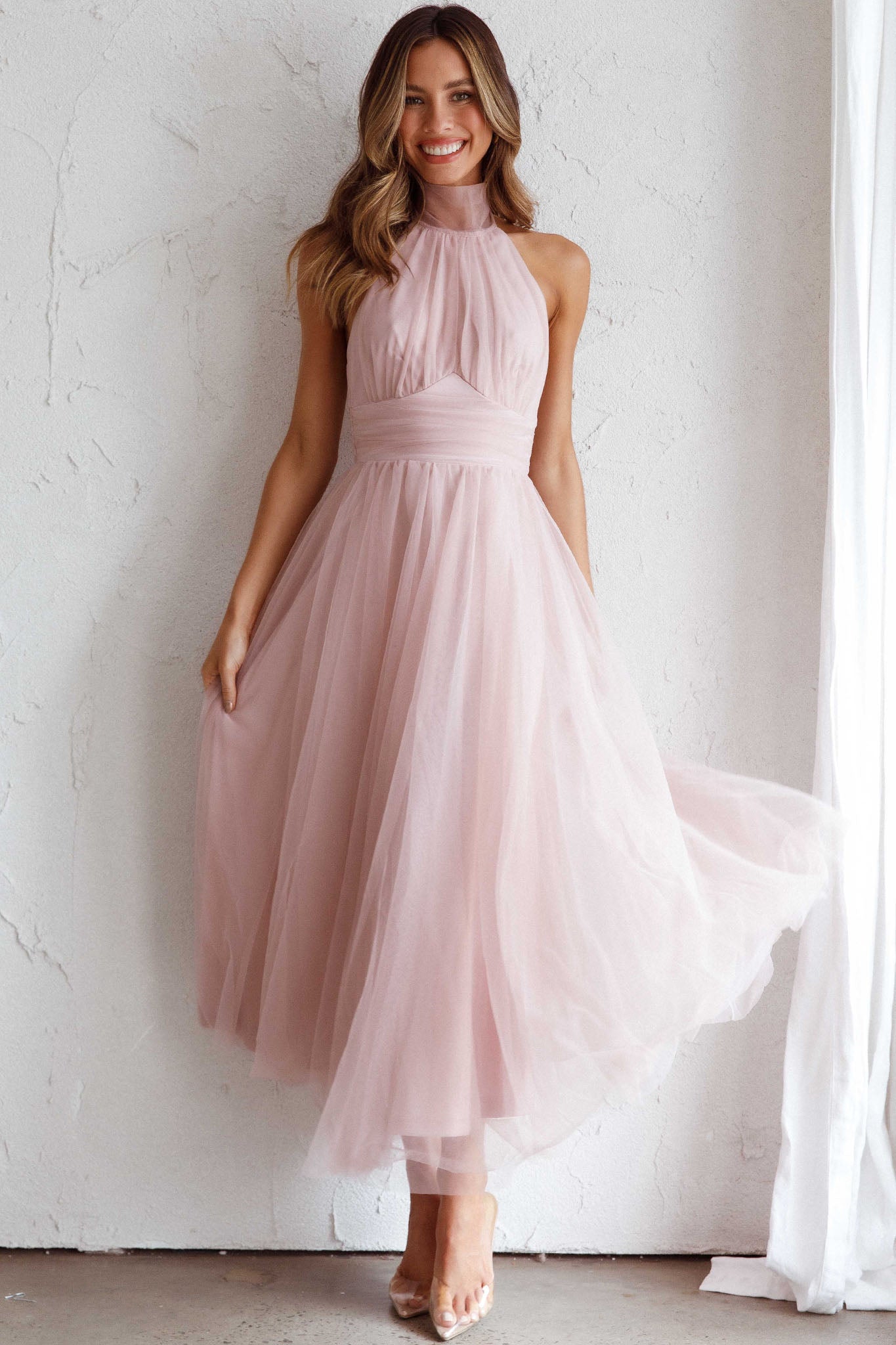 Andria Halterneck Tulle Midi Dress Blush by Selfie Leslie