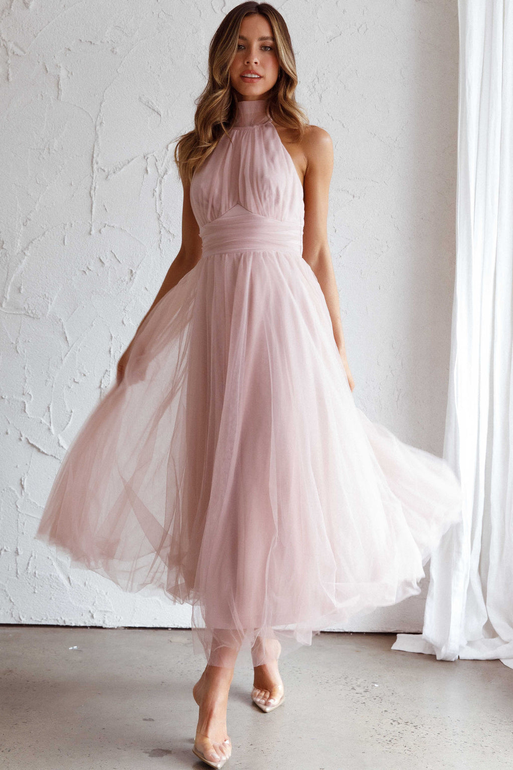 Andria Halterneck Tulle Midi Dress Blush by Selfie Leslie