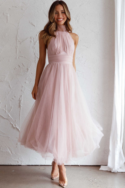 Andria Halterneck Tulle Midi Dress Blue