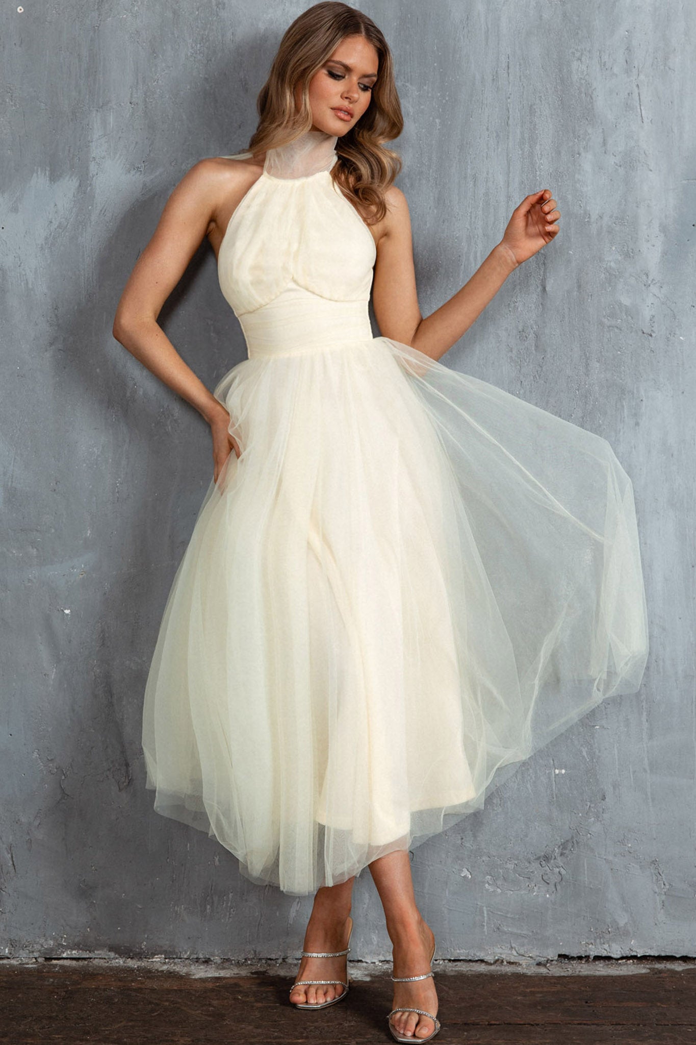 Andria Halterneck Tulle Midi Dress Butter by Selfie Leslie