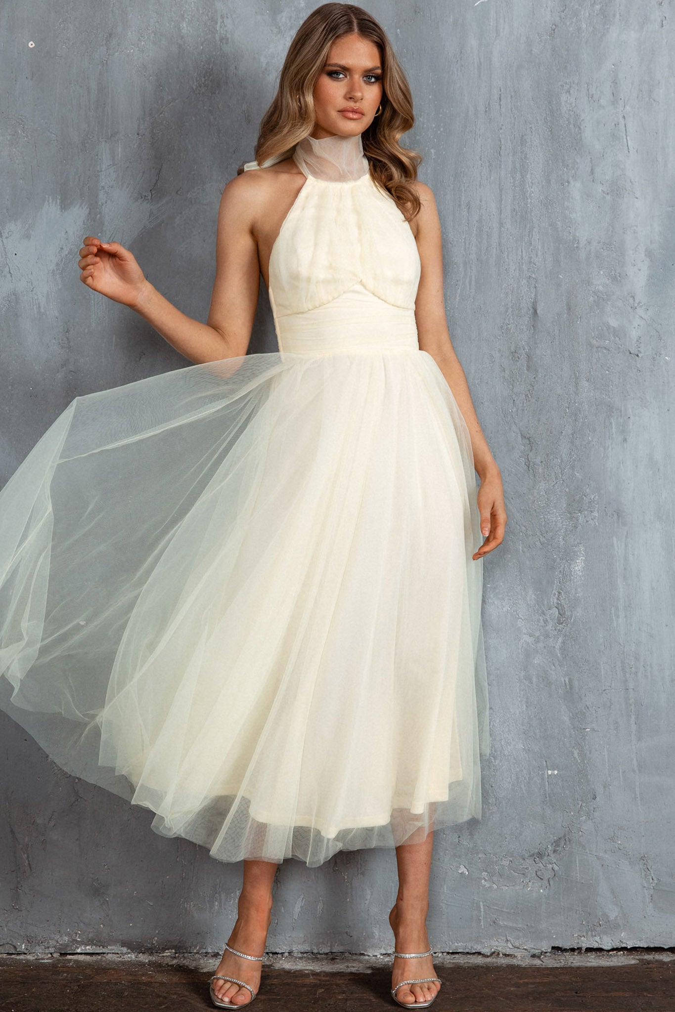Andria Halterneck Tulle Midi Dress Butter by Selfie Leslie