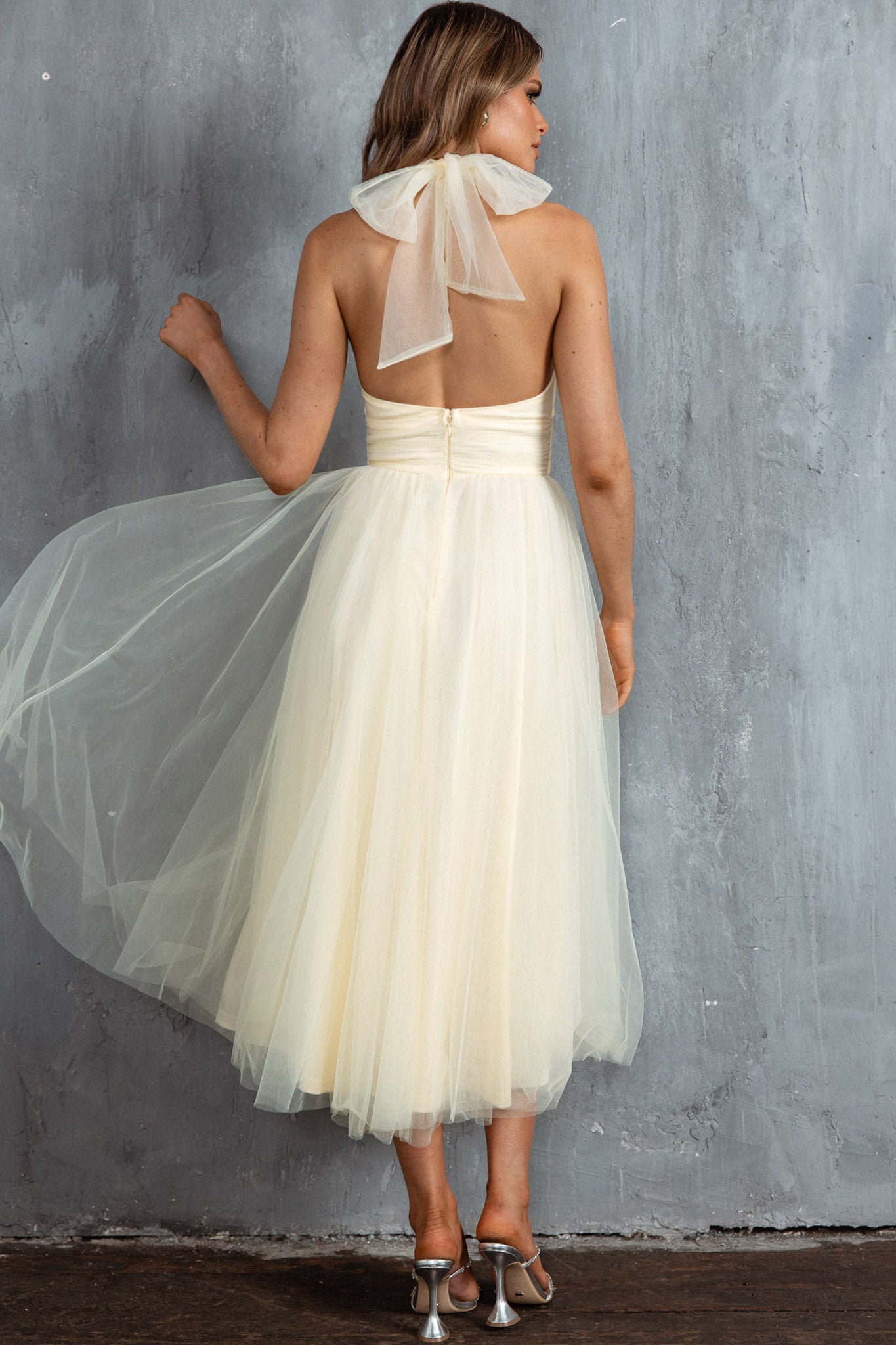 Andria Halterneck Tulle Midi Dress Butter by Selfie Leslie