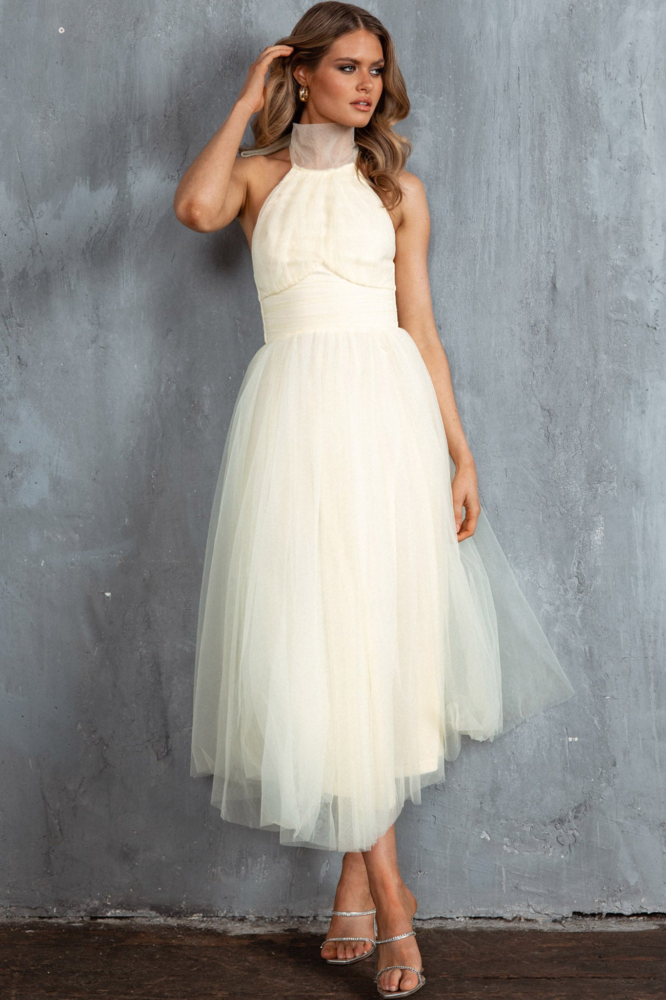 Andria Halterneck Tulle Midi Dress Butter by Selfie Leslie
