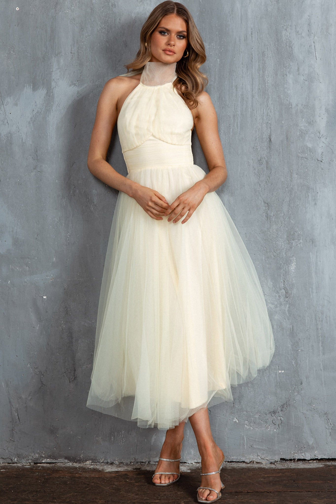Andria Halterneck Tulle Midi Dress Butter by Selfie Leslie
